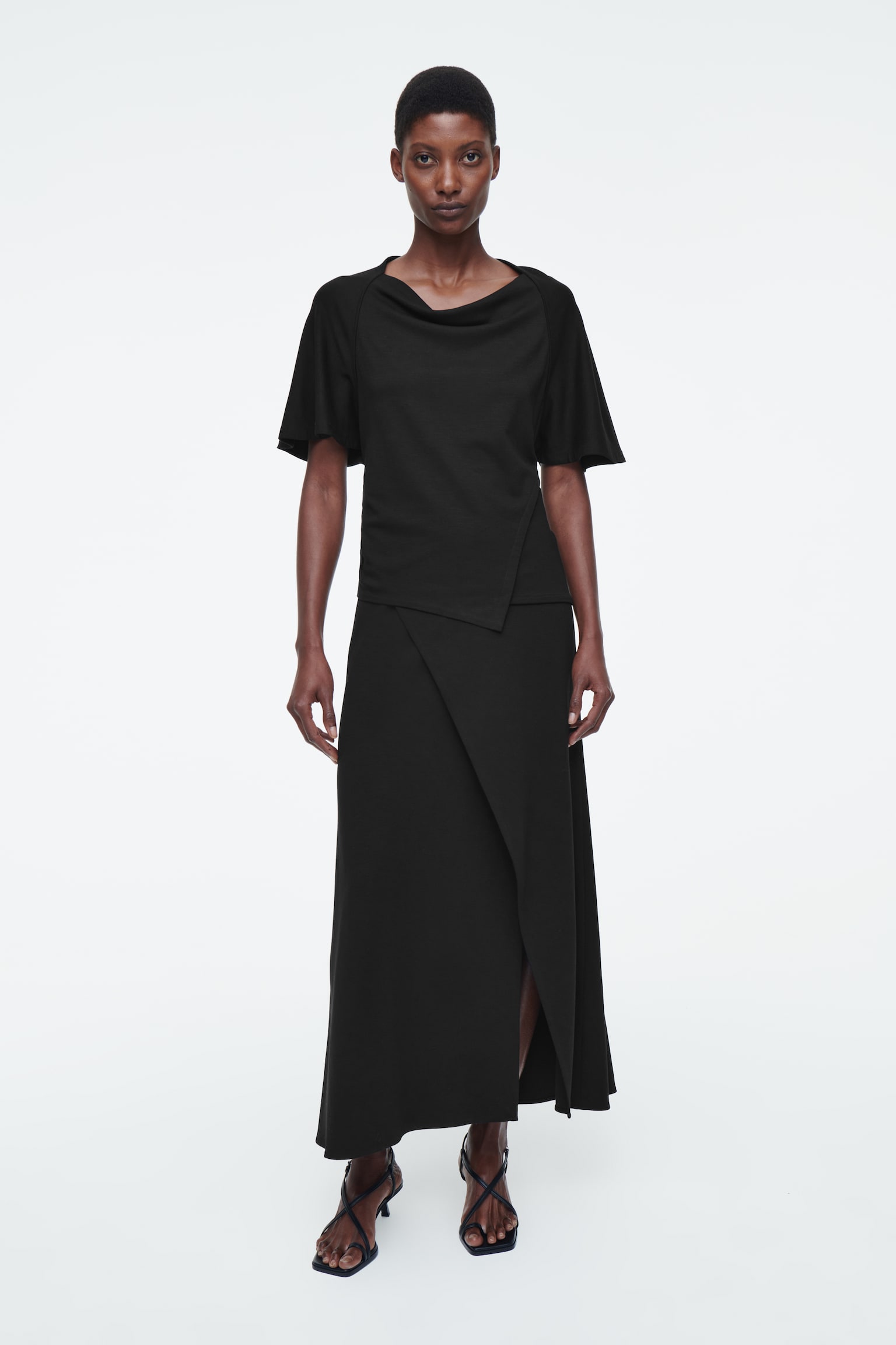 JERSEY WRAP MIDI SKIRT - BLACK/OCHRE - 1