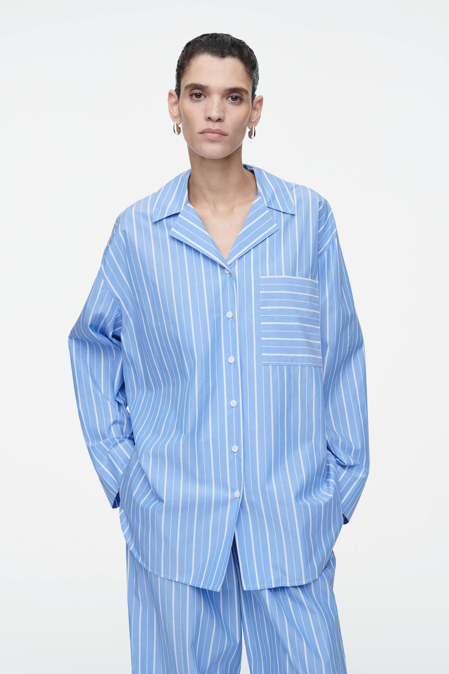 PINSTRIPED COTTON PYJAMA SHIRT - BLUE / PINSTRIPED - 1