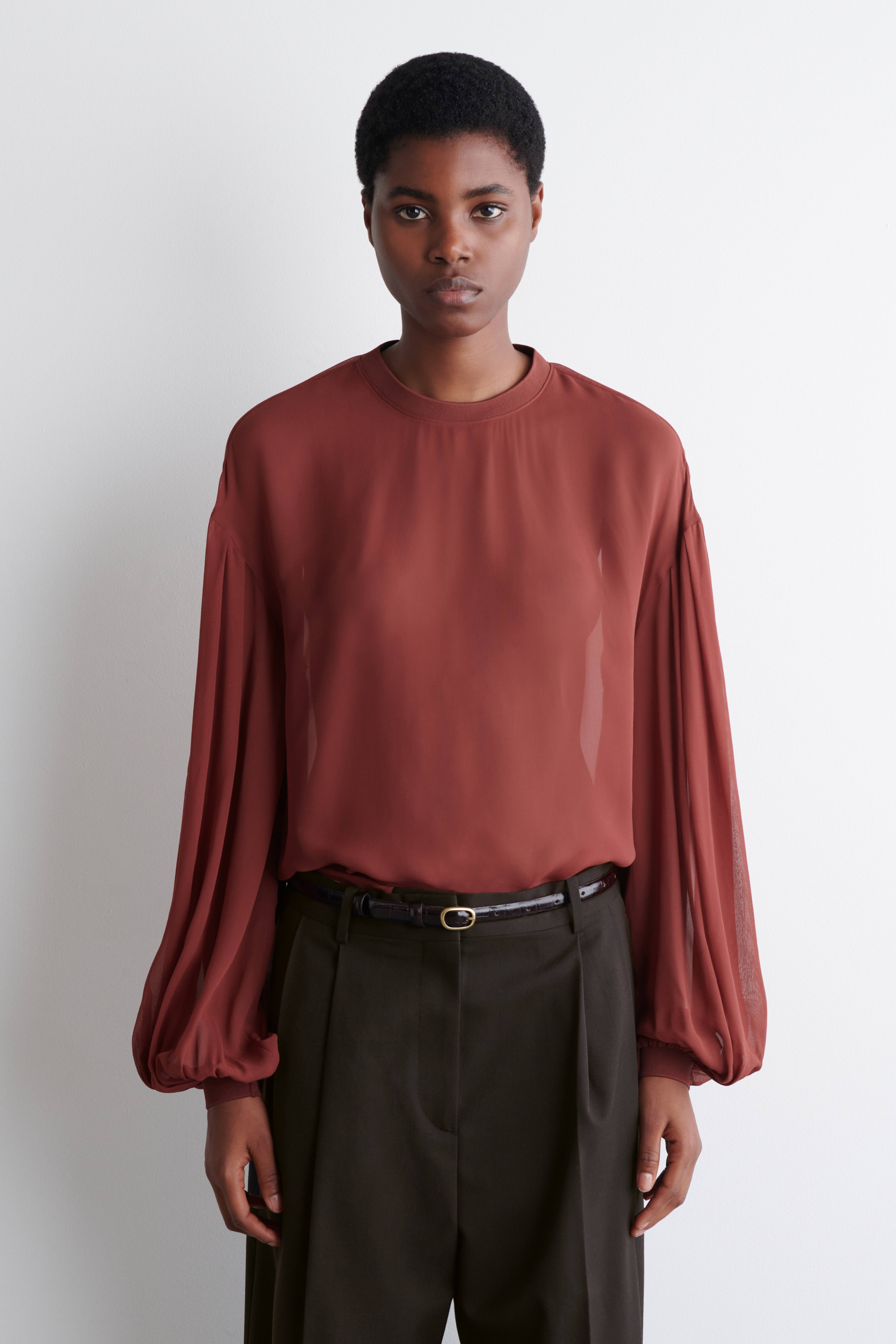 SHEER BALLOON-SLEEVE BLOUSE - DARK RED - Ladies | H&M GB SHEER BALLOON-SLEEVE BLOUSE - DARK RED - Ladies | H&M GB