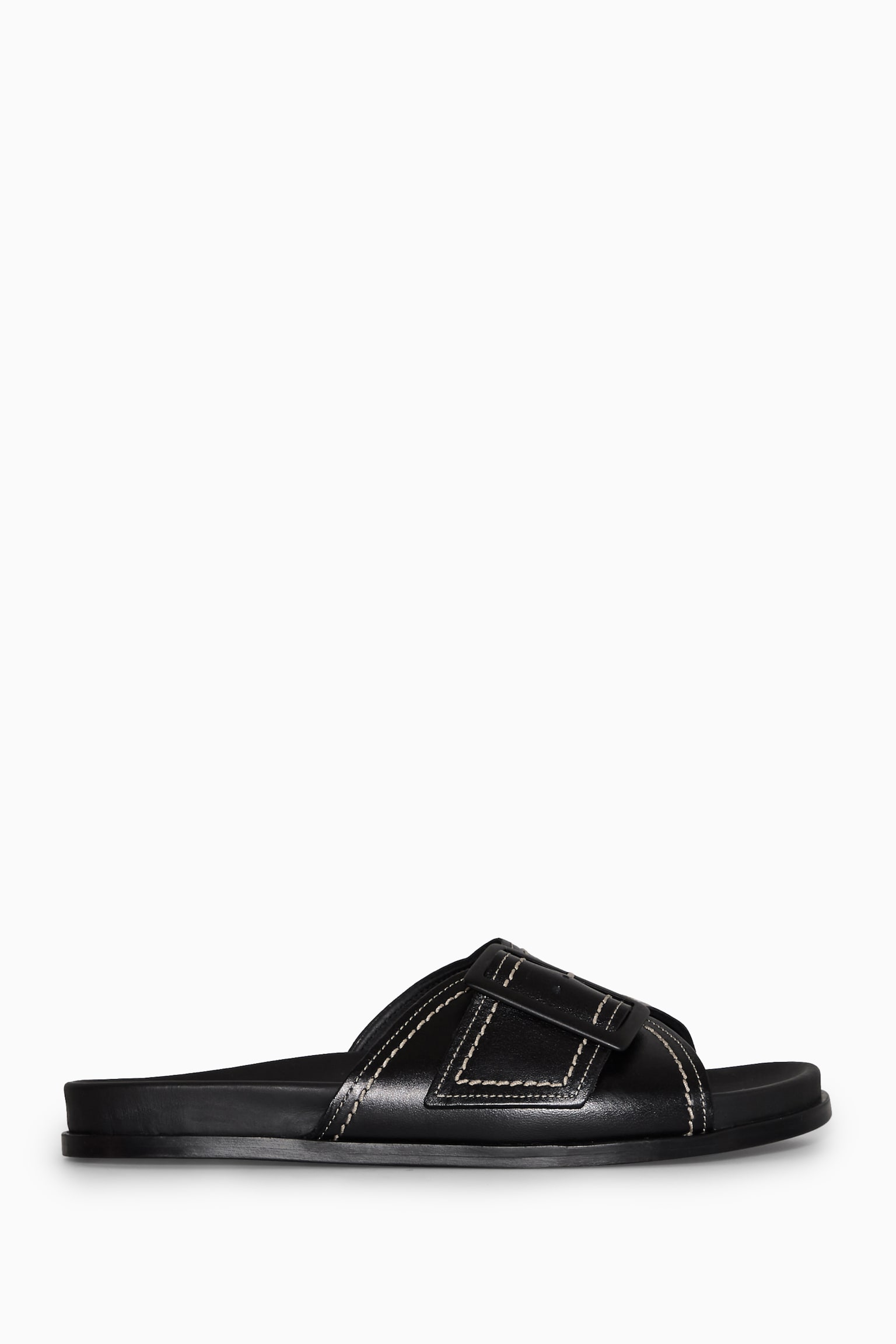 CONTRAST-STITCH BUCKLED LEATHER SLIDES - BLACK / WHITE/BROWN - 1