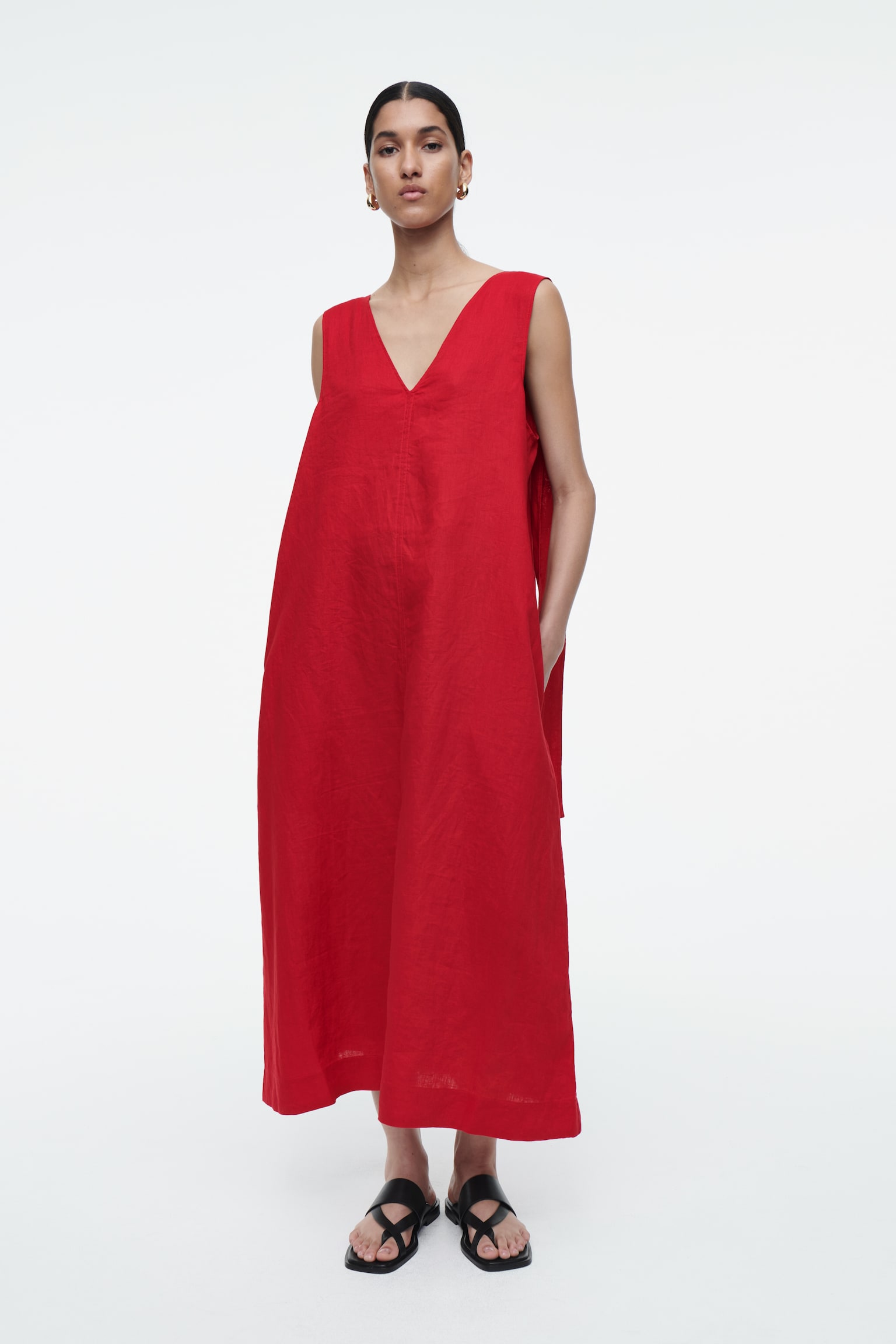 BOW-DETAIL LINEN MIDI DRESS - RED/NAVY BLUE - 1