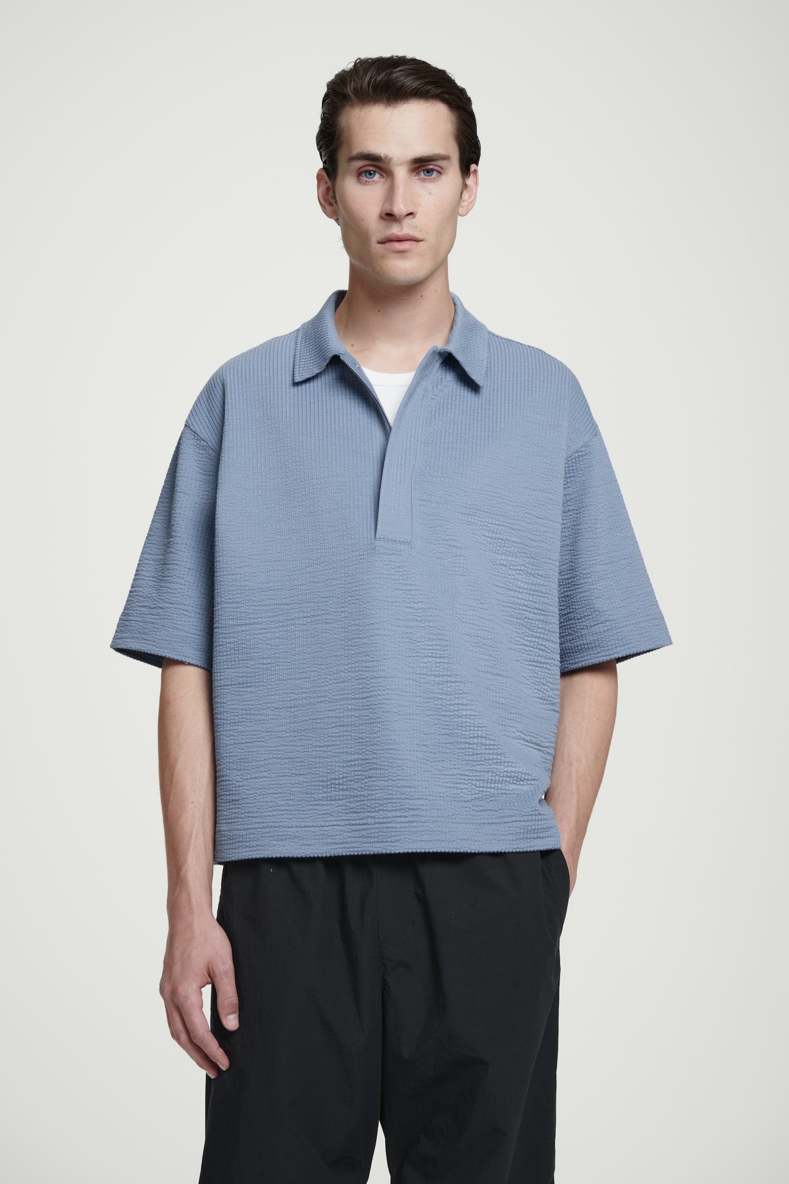 SEERSUCKER HALF-ZIP POLO SHIRT - LIGHT BLUE/WHITE - 1