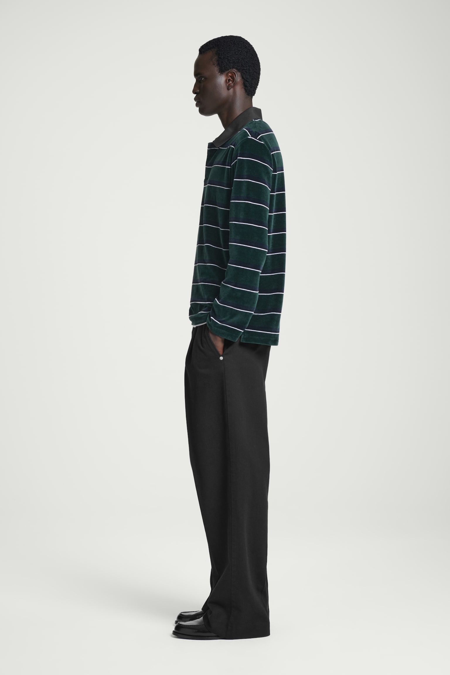 STRIPED VELVET LONG-SLEEVED POLO SHIRT - EMERALD / STRIPED - 6