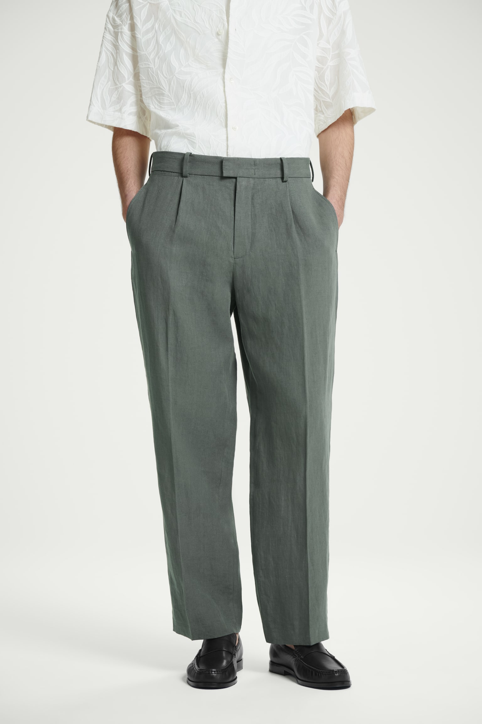 RELAXED PLEATED LINEN STRAIGHT-LEG TROUSERS - GREEN/BLACK/LIGHT BEIGE - 6