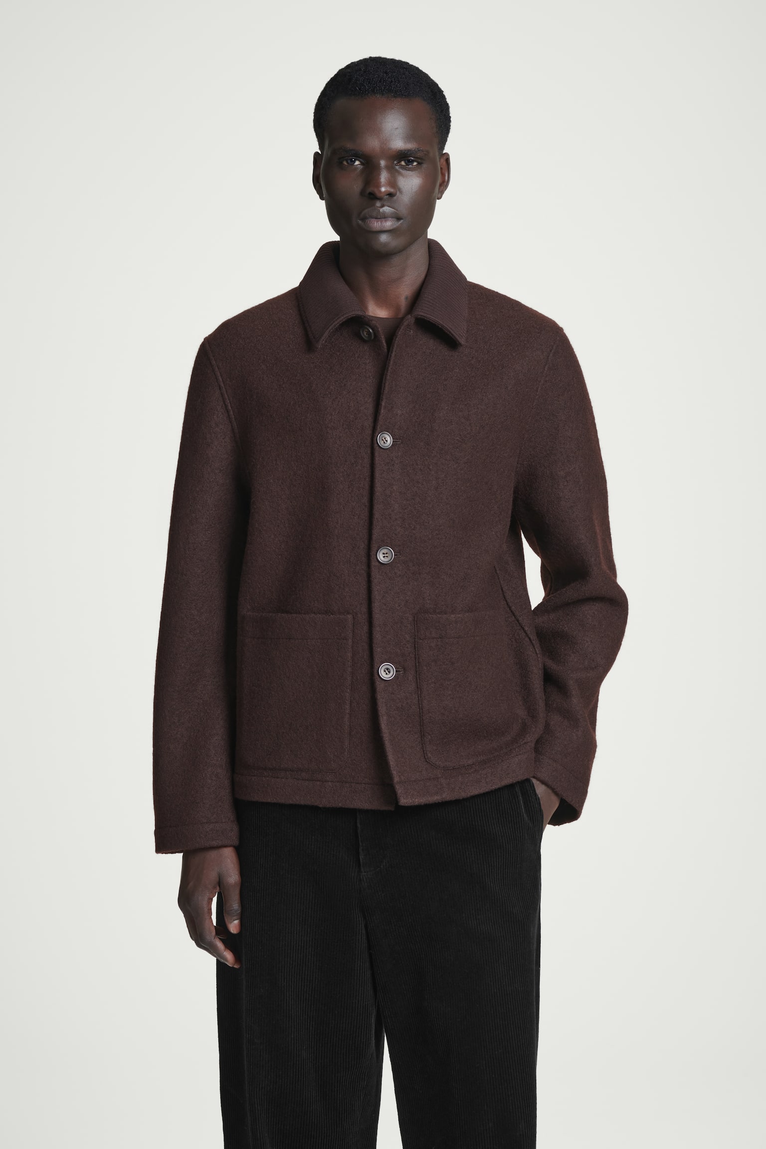 BOILED-WOOL CHORE JACKET - DARK BROWN/NAVY - 1