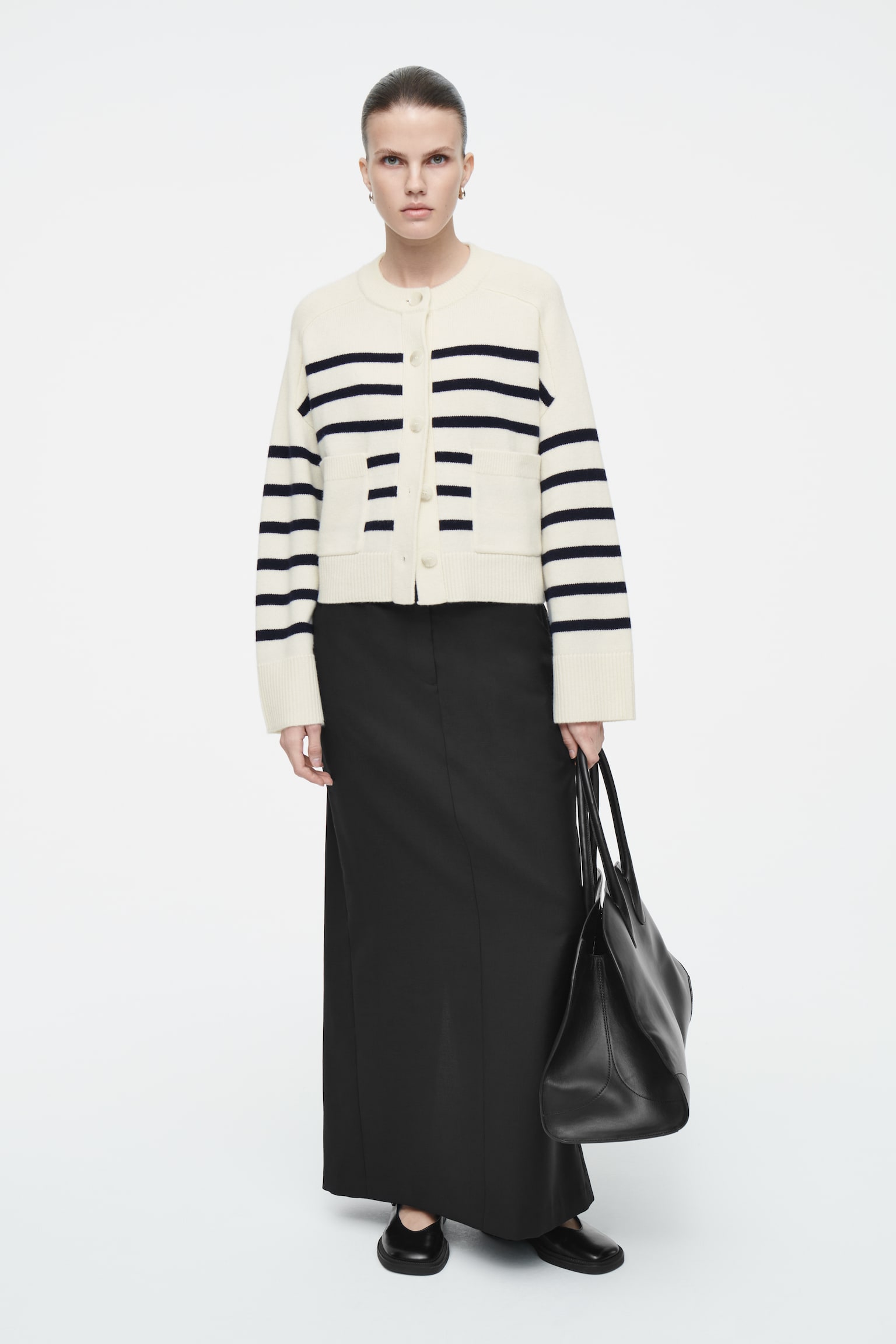 WOOL CREW-NECK CARDIGAN - WHITE / STRIPED/BLACK / STRIPED/BLACK - 5