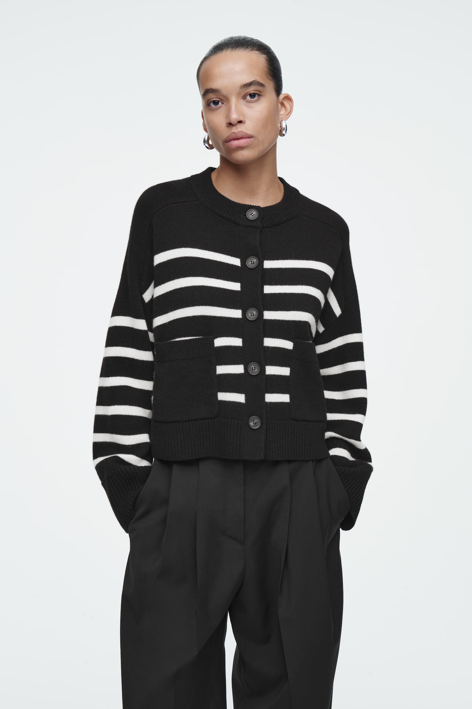 WOOL CREW-NECK CARDIGAN - BLACK / STRIPED/WHITE / STRIPED/BLACK - 1