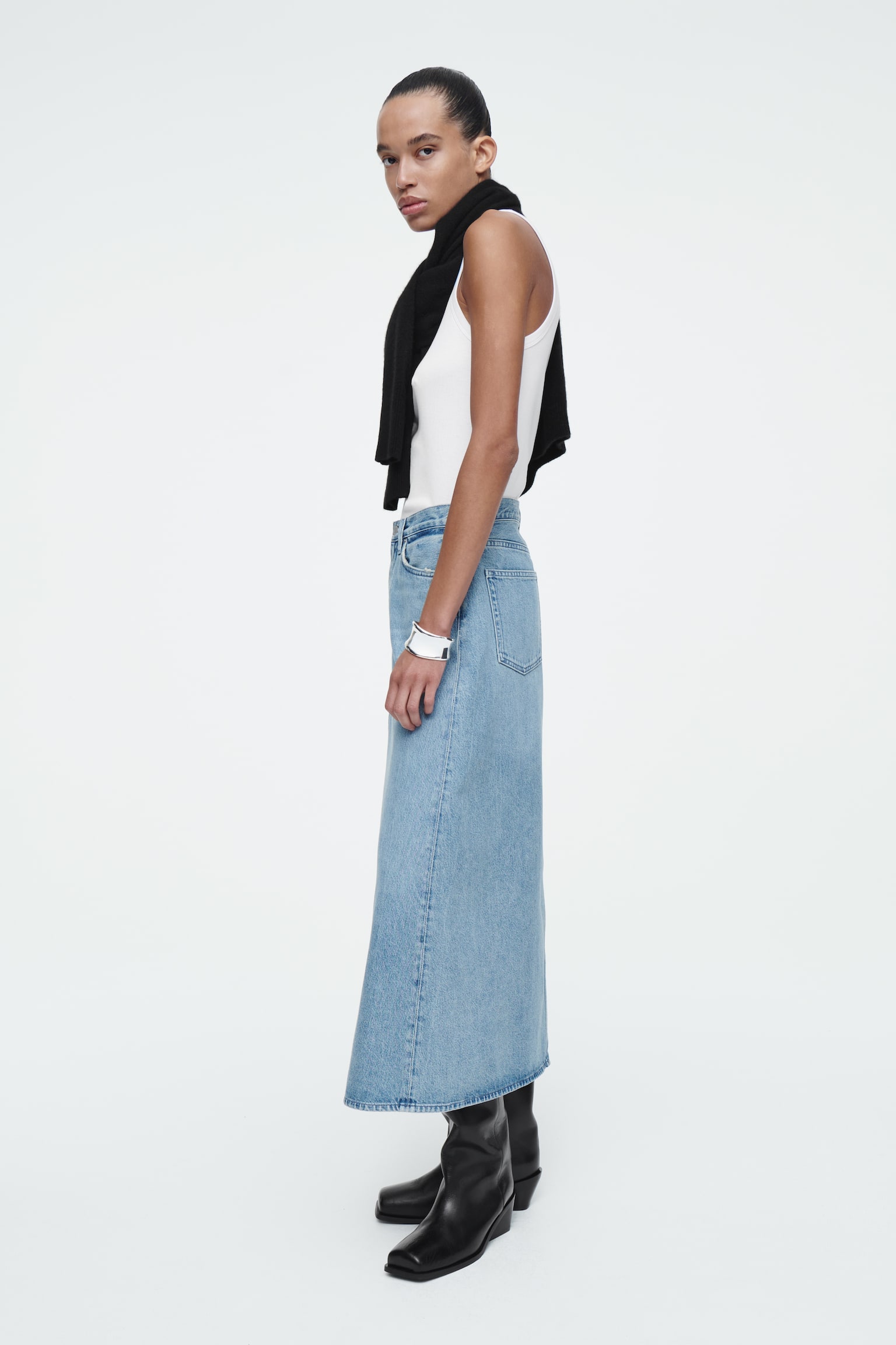 A-LINE DENIM MIDI SKIRT - BLUE/BLACK - 5