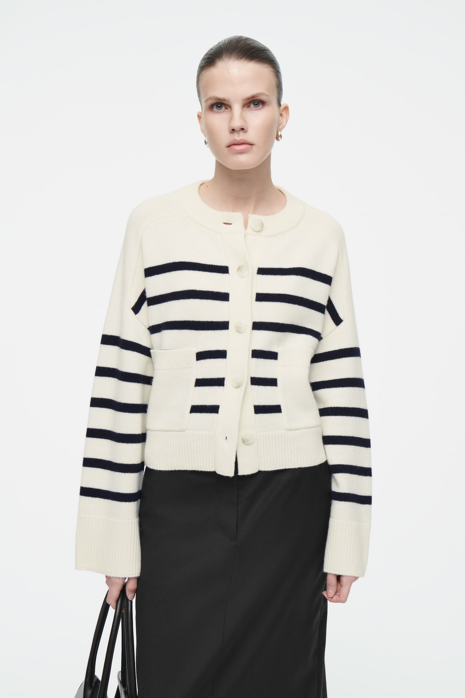 WOOL CREW-NECK CARDIGAN - WHITE / STRIPED/BLACK / STRIPED/BLACK - 1