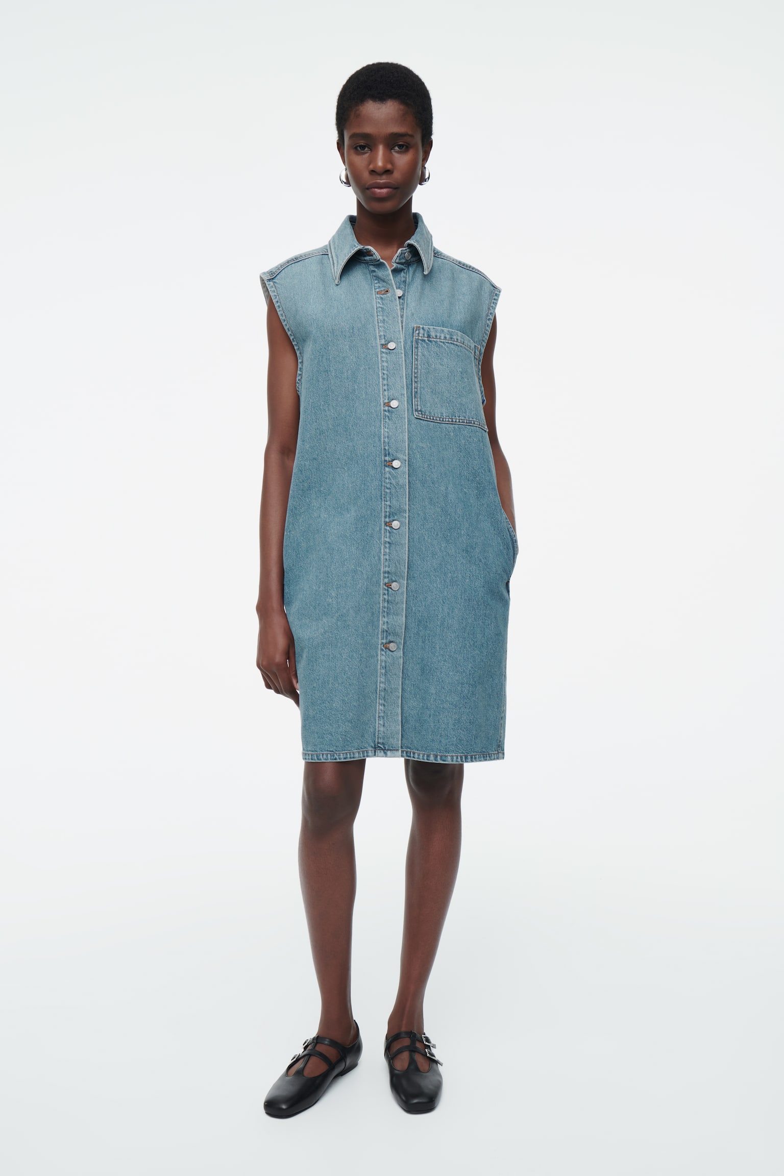 SLEEVELESS DENIM MINI SHIRT DRESS - BLUE - 1