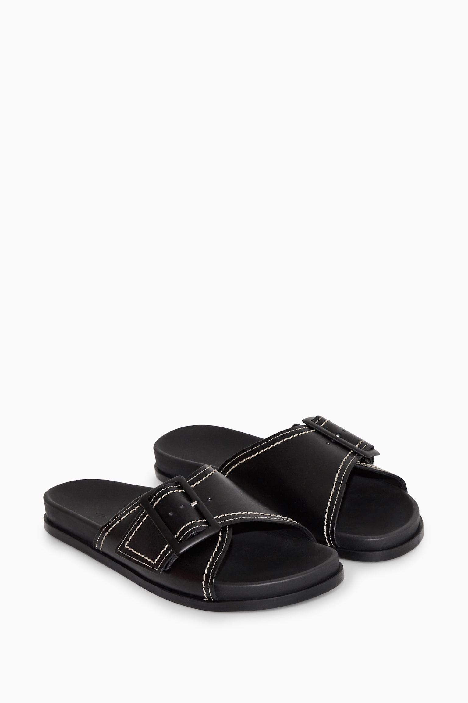 CONTRAST-STITCH BUCKLED LEATHER SLIDES - BLACK / WHITE/BROWN - 2