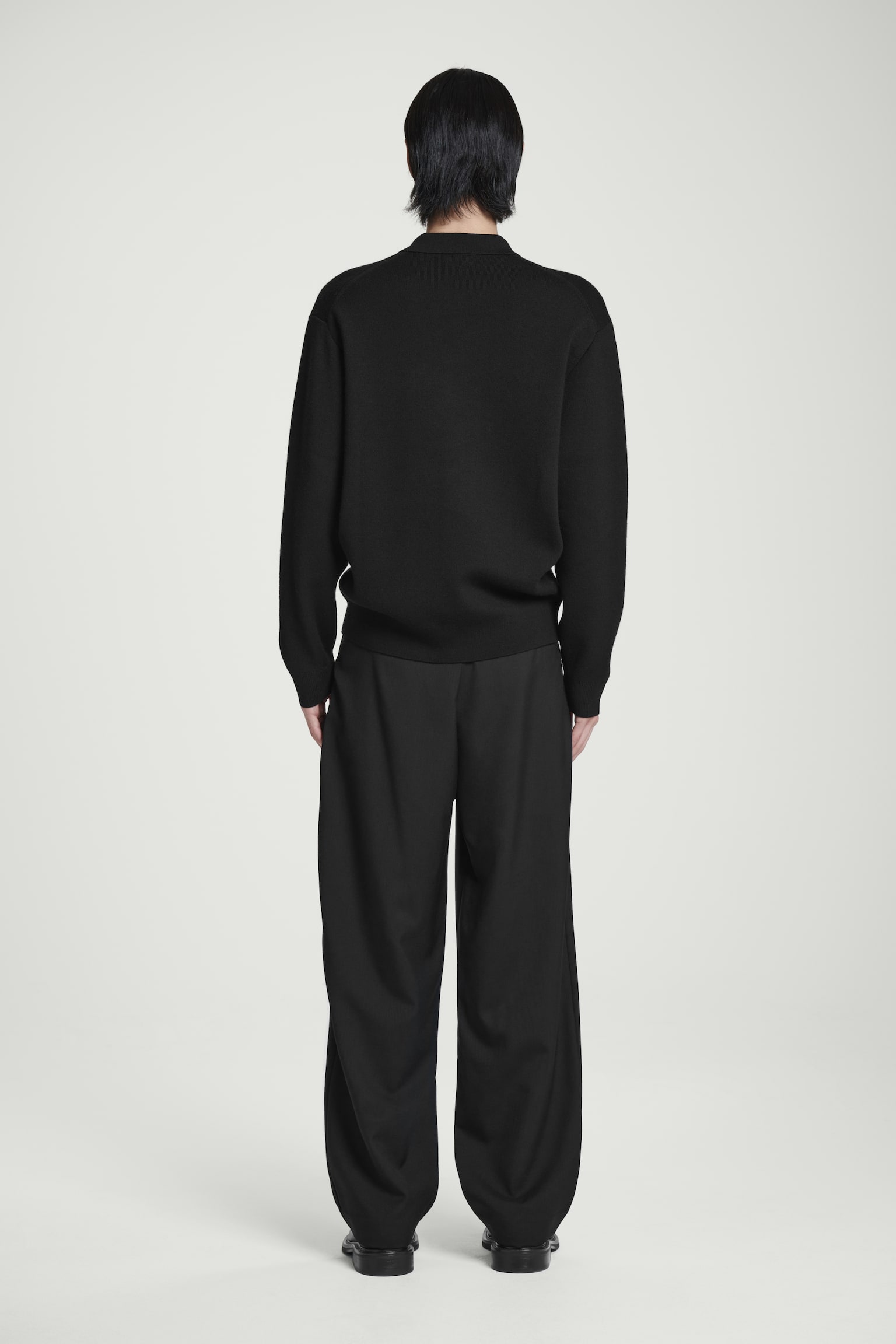 KNITTED WOOL LONG-SLEEVED POLO SHIRT - BLACK - 3