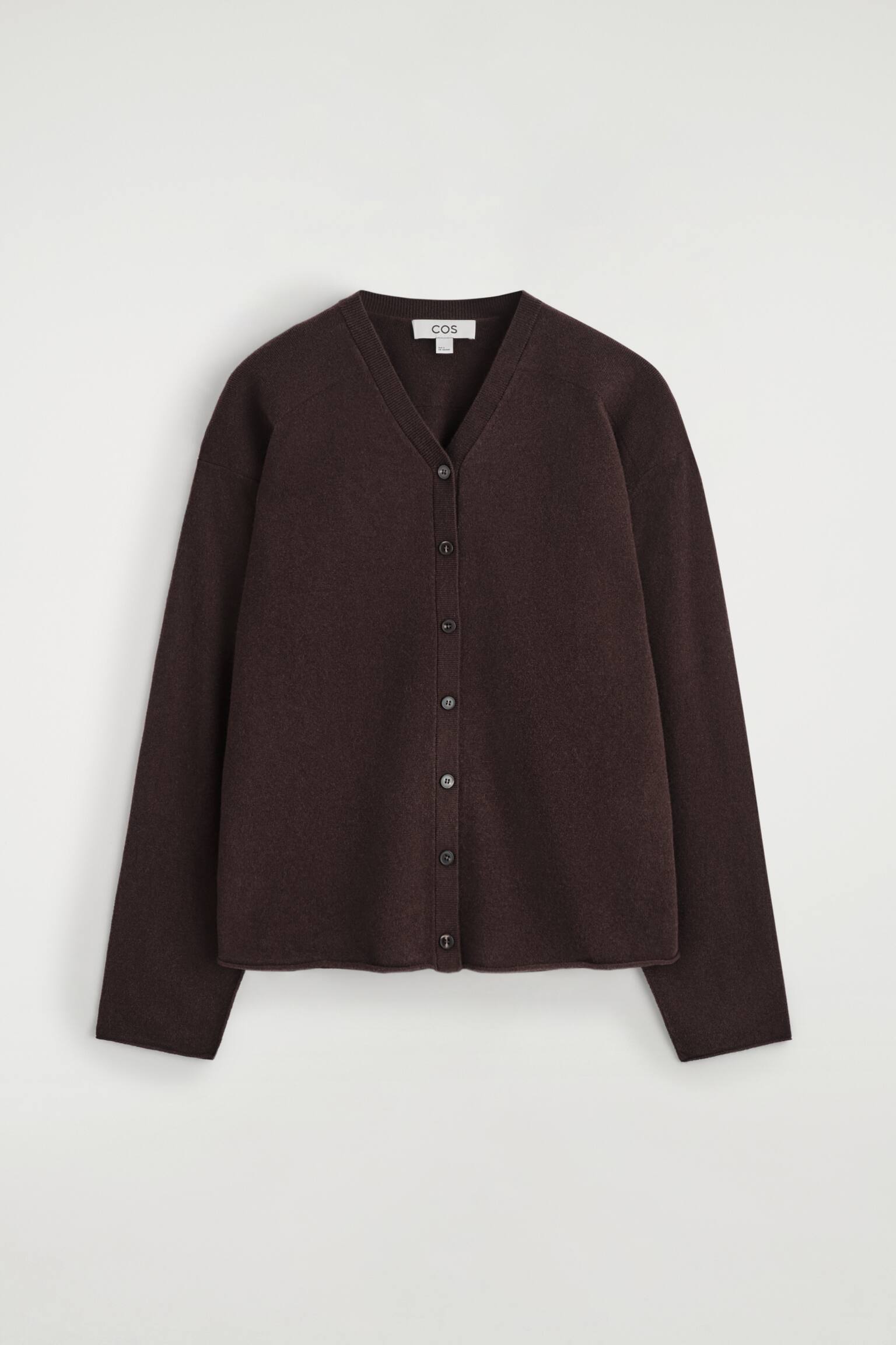 CARDIGAN I MERINOULD MED V-HALS - MØRKEBRUN/MELERET BEIGE/RØD - 2