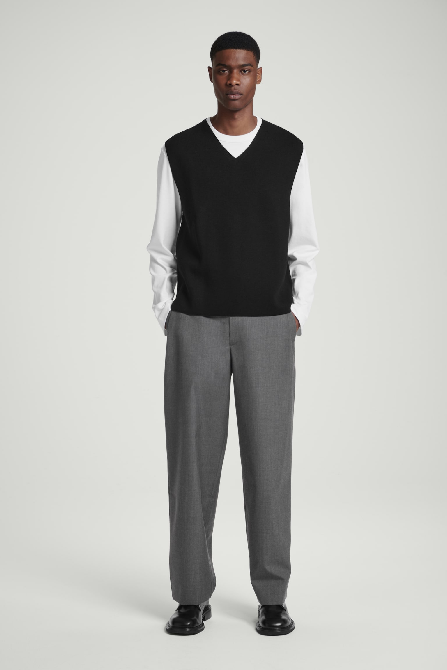 TAPERED WOOL-HOPSACK TROUSERS - GREY/BLACK