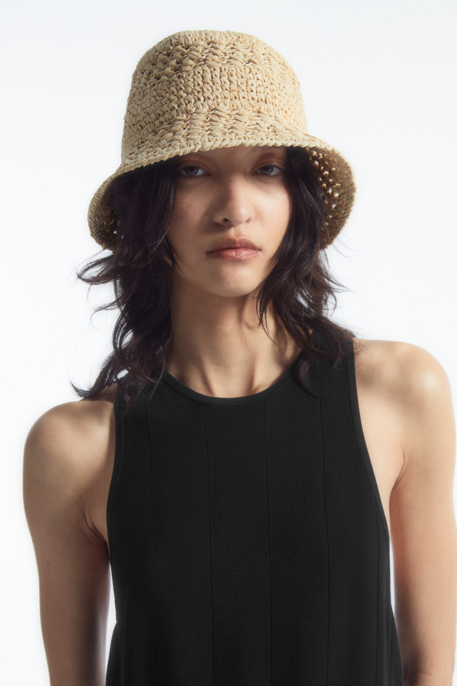 CROCHETED STRAW BUCKET HAT - BEIGE/BLACK - 1