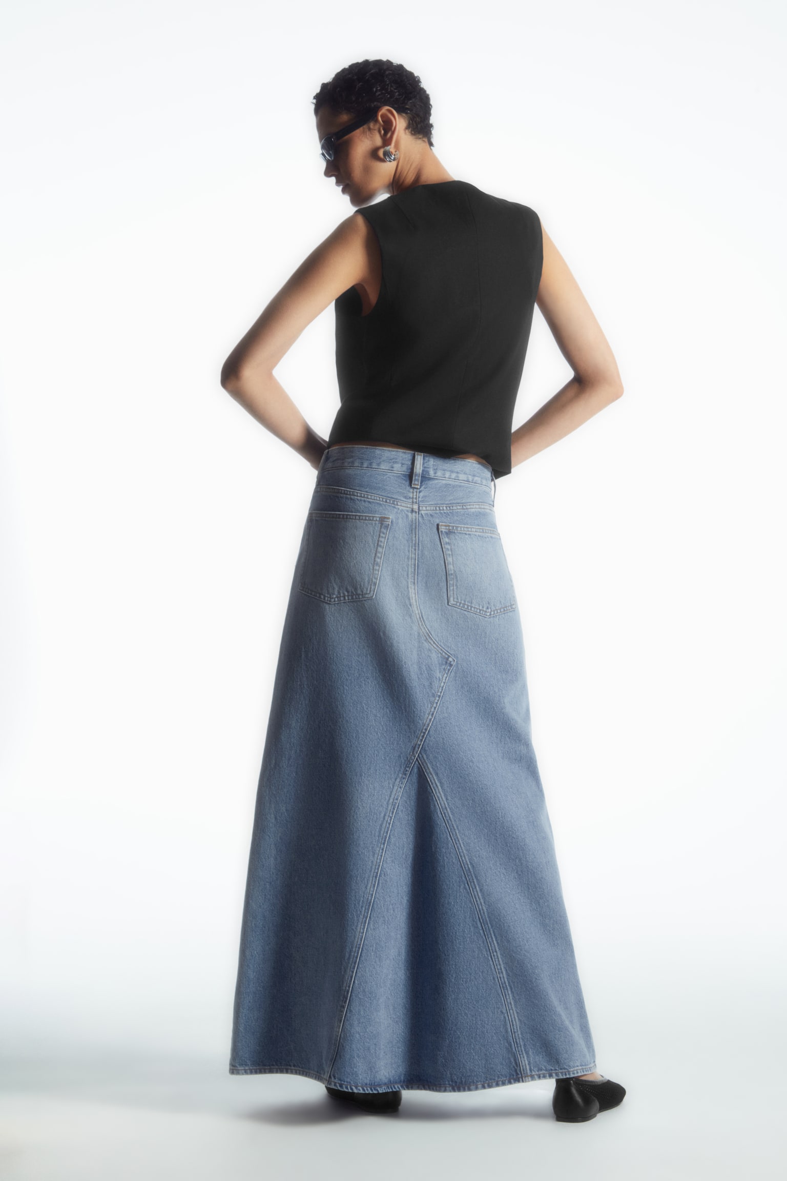 PANELLED DENIM MAXI SKIRT - BLUE/OFF-WHITE - 7