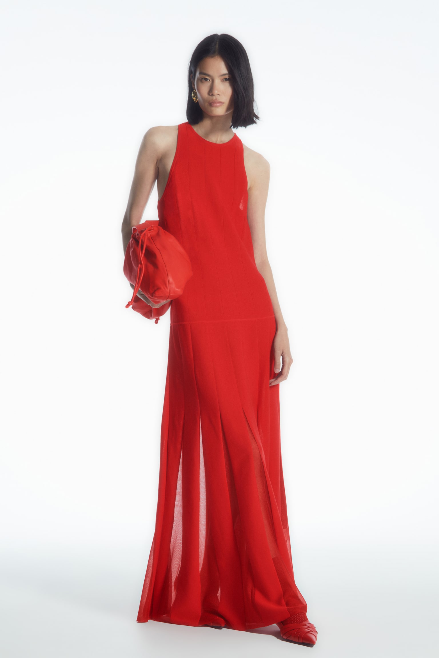 PLEATED RACER-NECK MAXI DRESS - RED/BLACK - 1