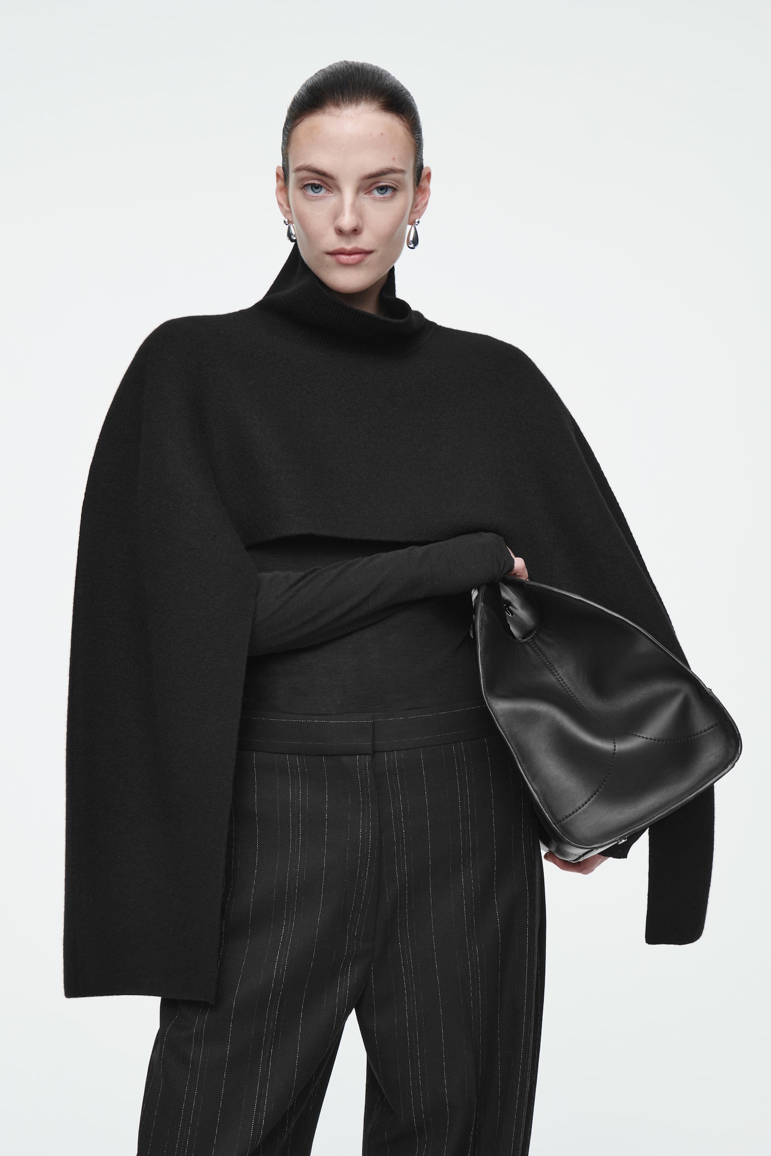 CROPPED BOILED-WOOL HYBRID CAPE - BLACK - 1