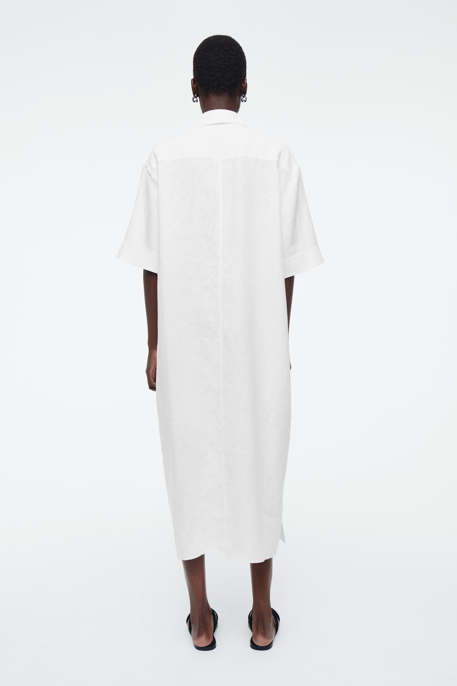 OVERSIZED SHORT-SLEEVED LINEN MIDI DRESS - WHITE/NAVY - 4