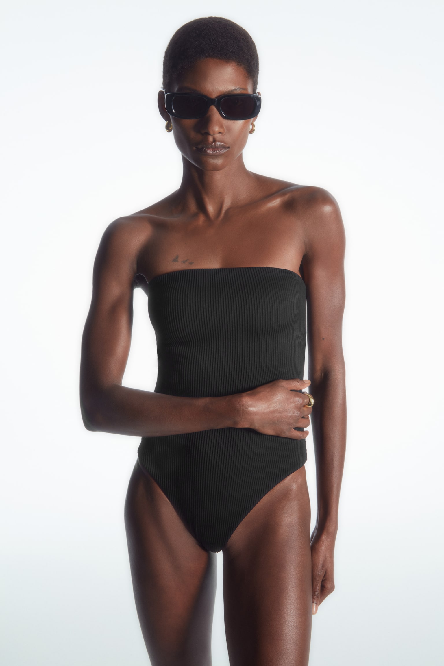 RIBBED BANDEAU SWIMSUIT - BLACK - 1