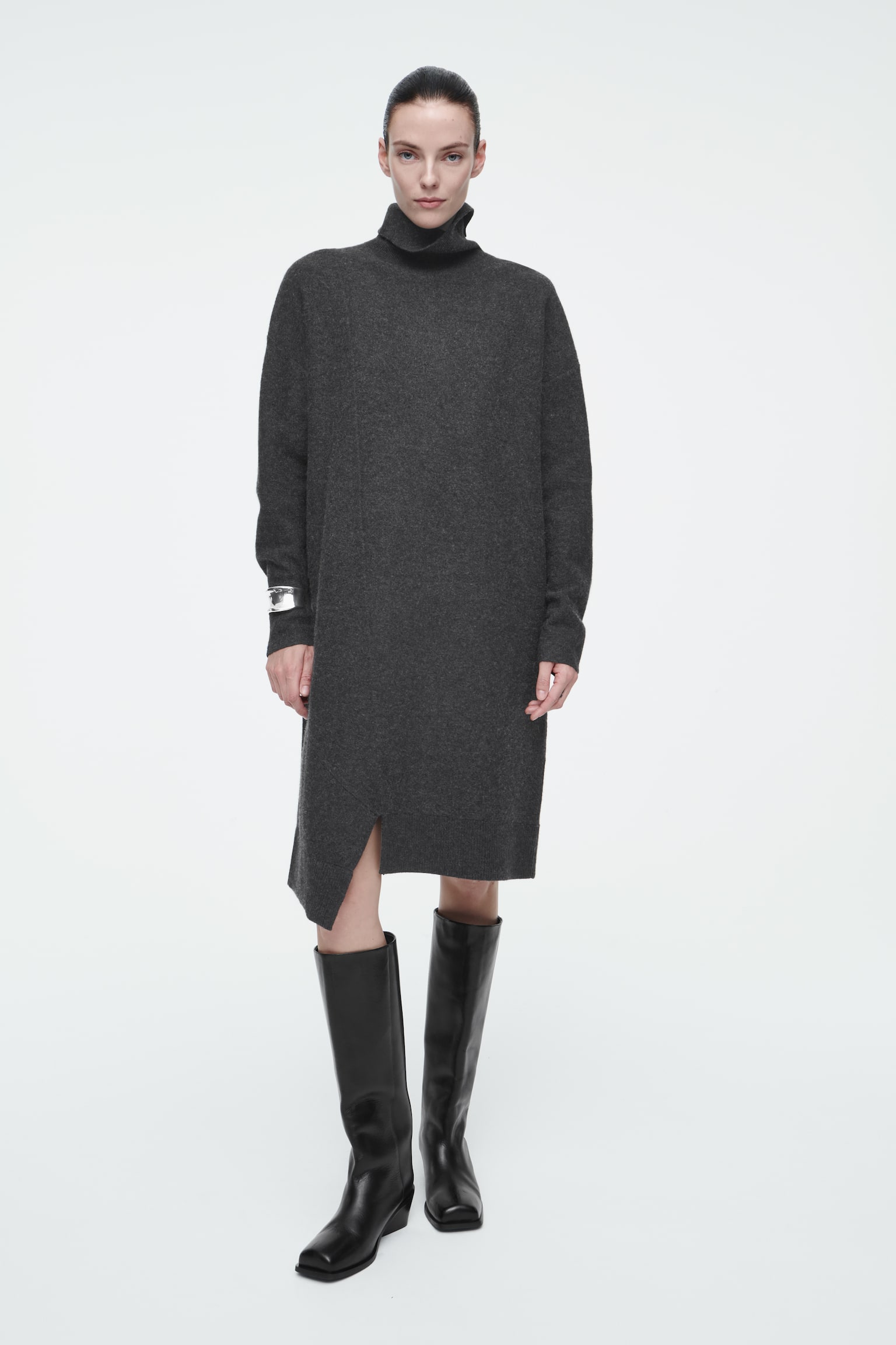 ASYMMETRIC MERINO WOOL DRESS - DARK GREY/BLACK - 1