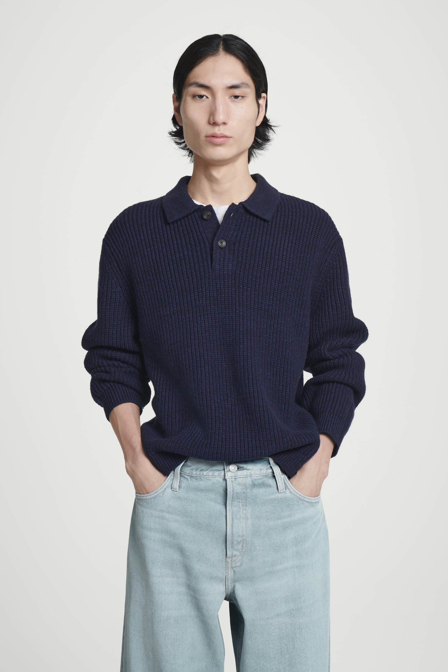 TWISTED-YARN WOOL POLO JUMPER - NAVY MÉLANGE/GREY MÉLANGE