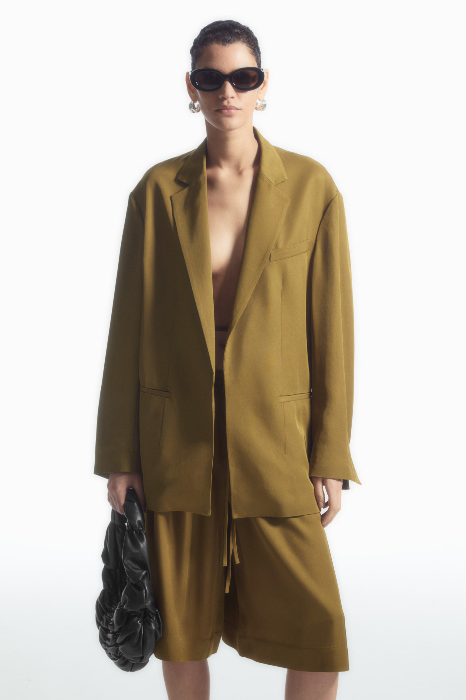 OVERSIZED TIE-FRONT BLAZER - KHAKI GREEN/BLACK - 1