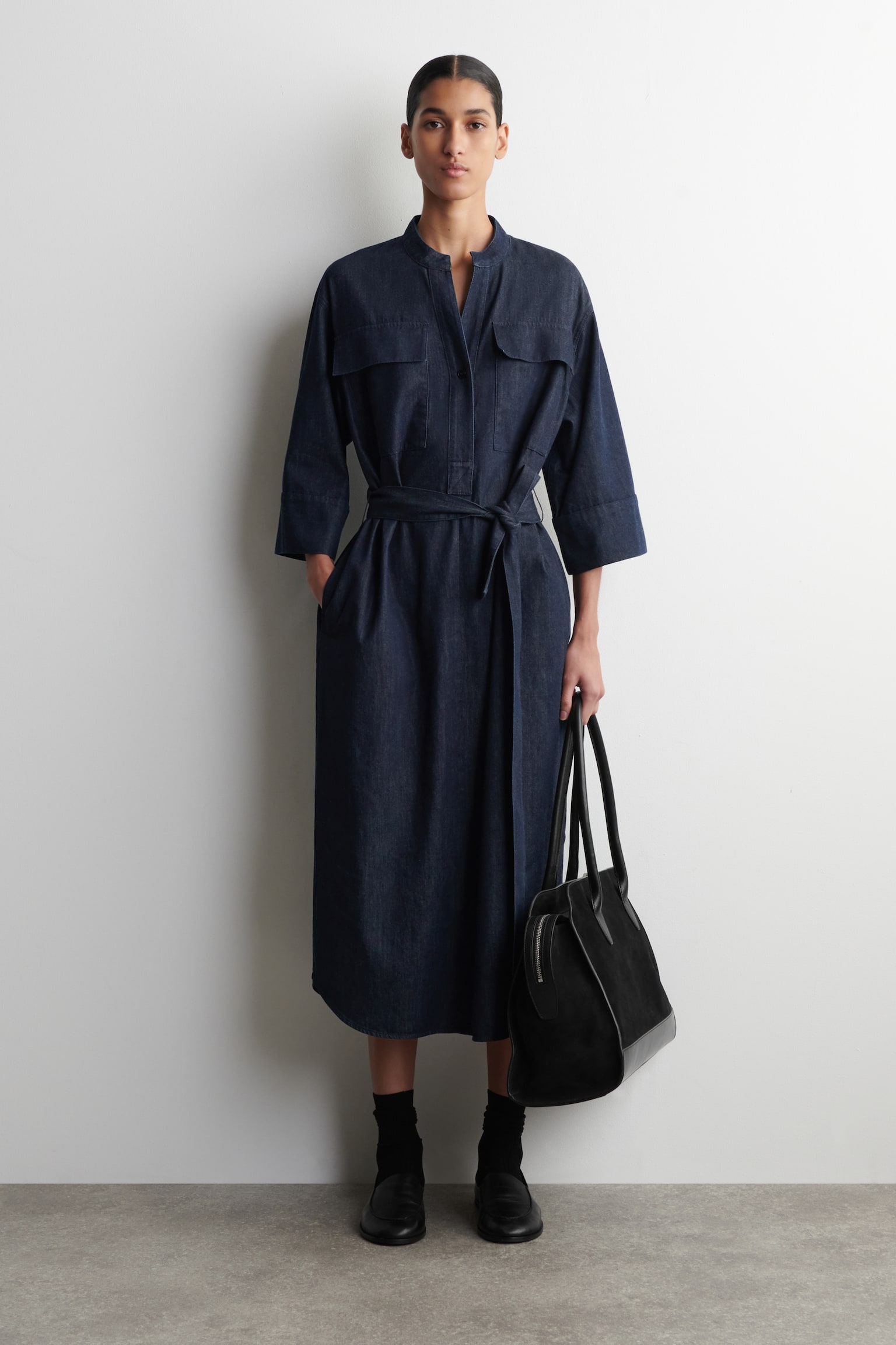 Denim functionele midi-overhemdjurk - donkerblauw - 1