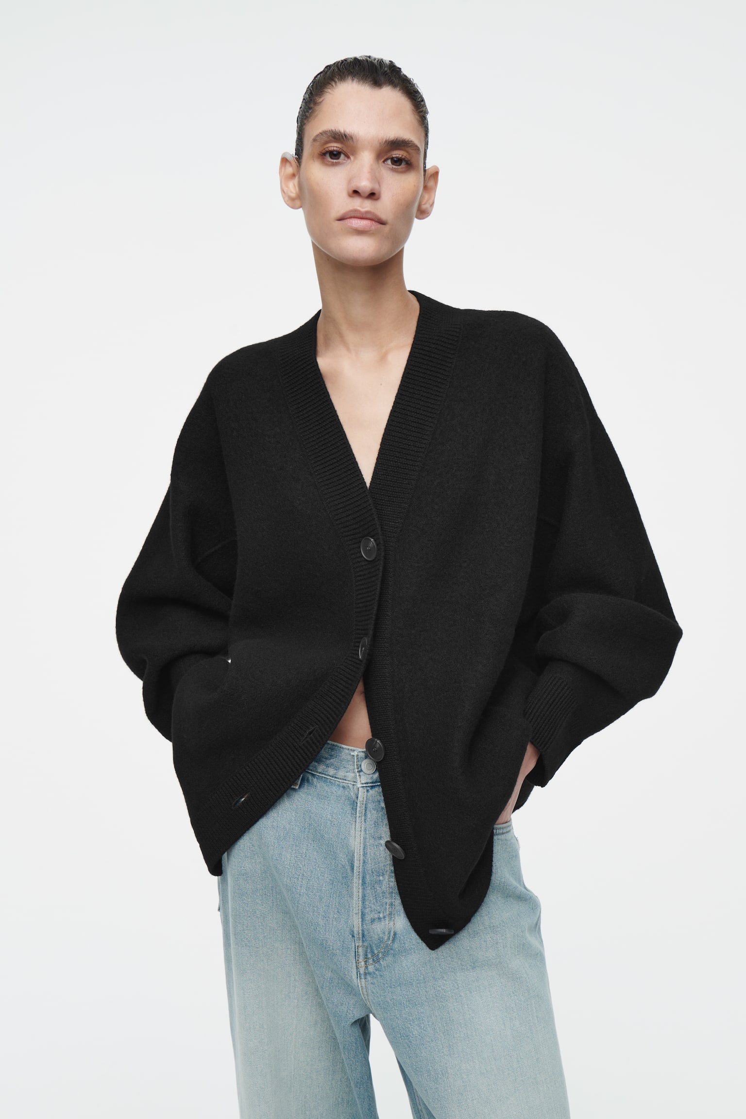 OVERSIZED BOILED MERINO WOOL CARDIGAN - BLACK/LIGHT GREY - 1