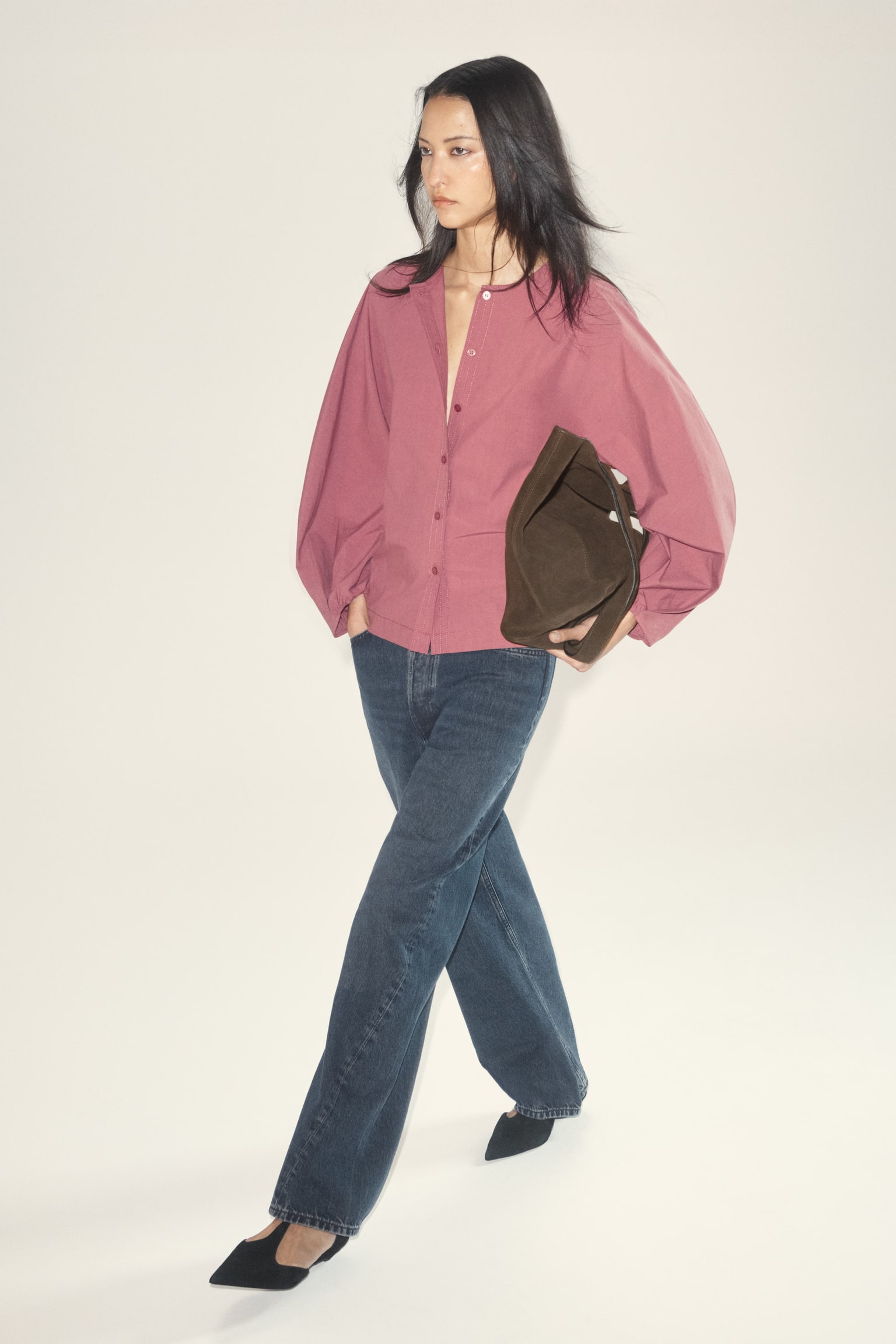 Pima-katoenen blouse met plooien - Bessen/WIT - 8