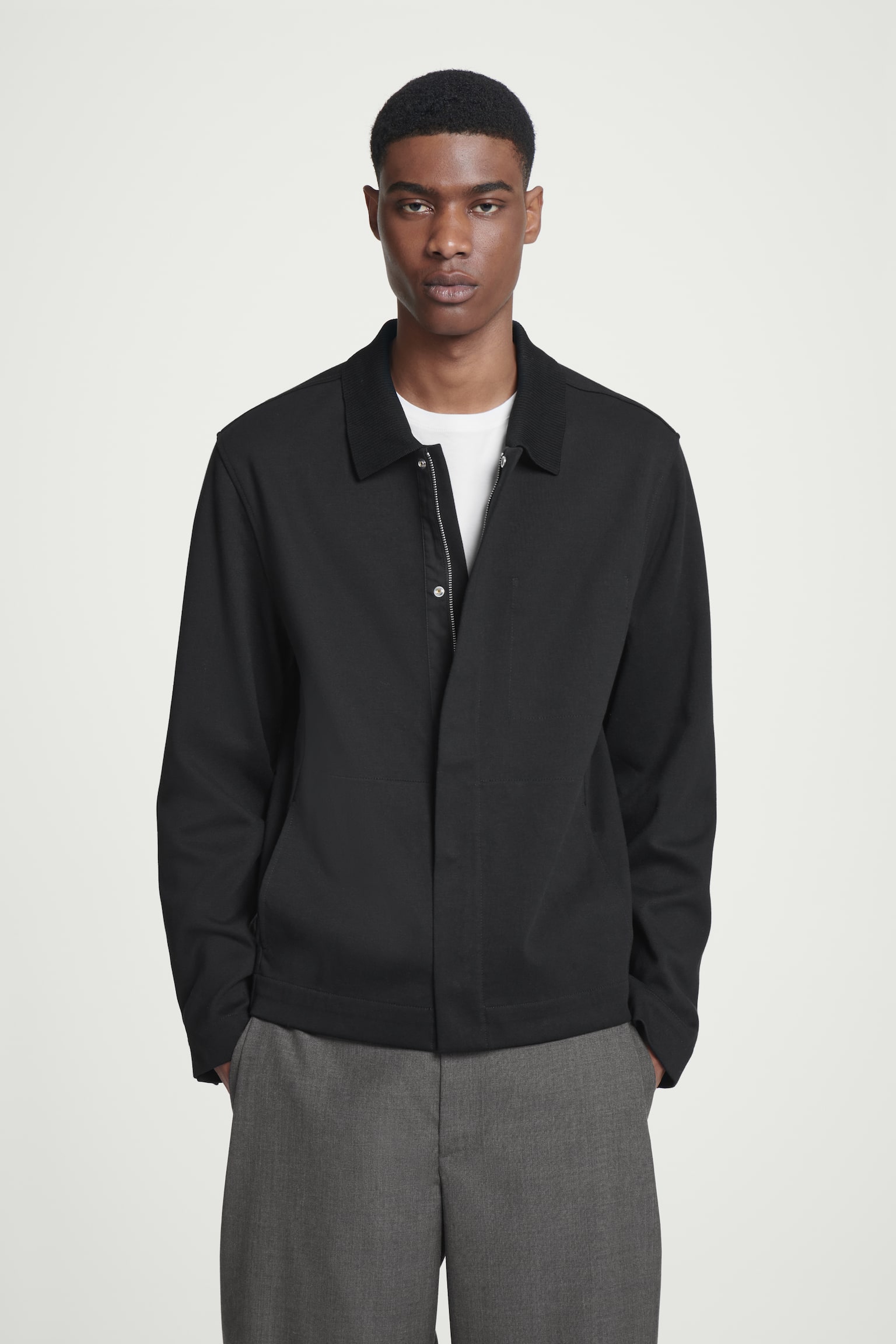 COLLARED COTTON-JERSEY JACKET - BLACK - 1