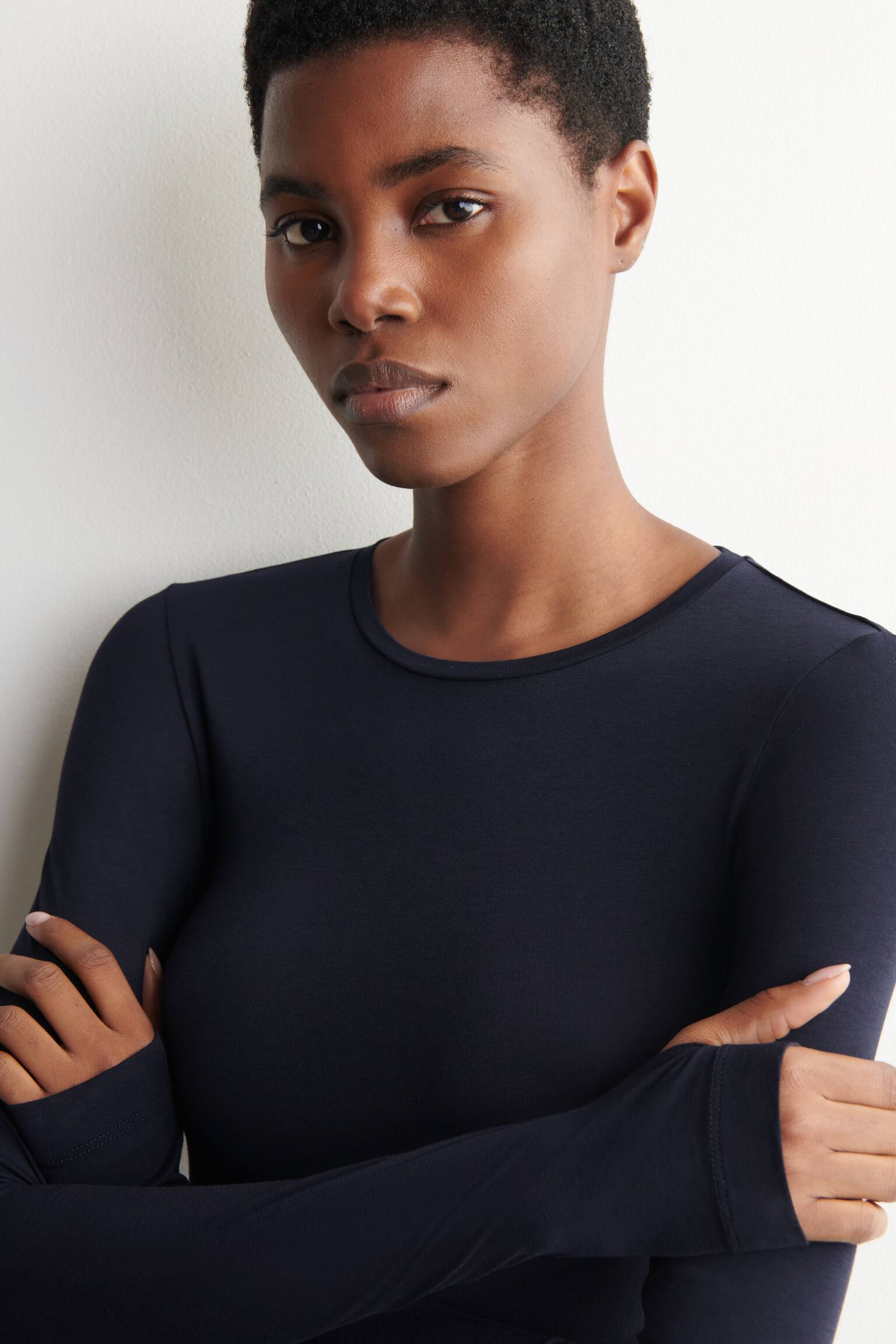 COTTON LONG-SLEEVED TOP - MARINEBLÅ/MELERET BEIGE/HVID/GRØN/SORT - 6