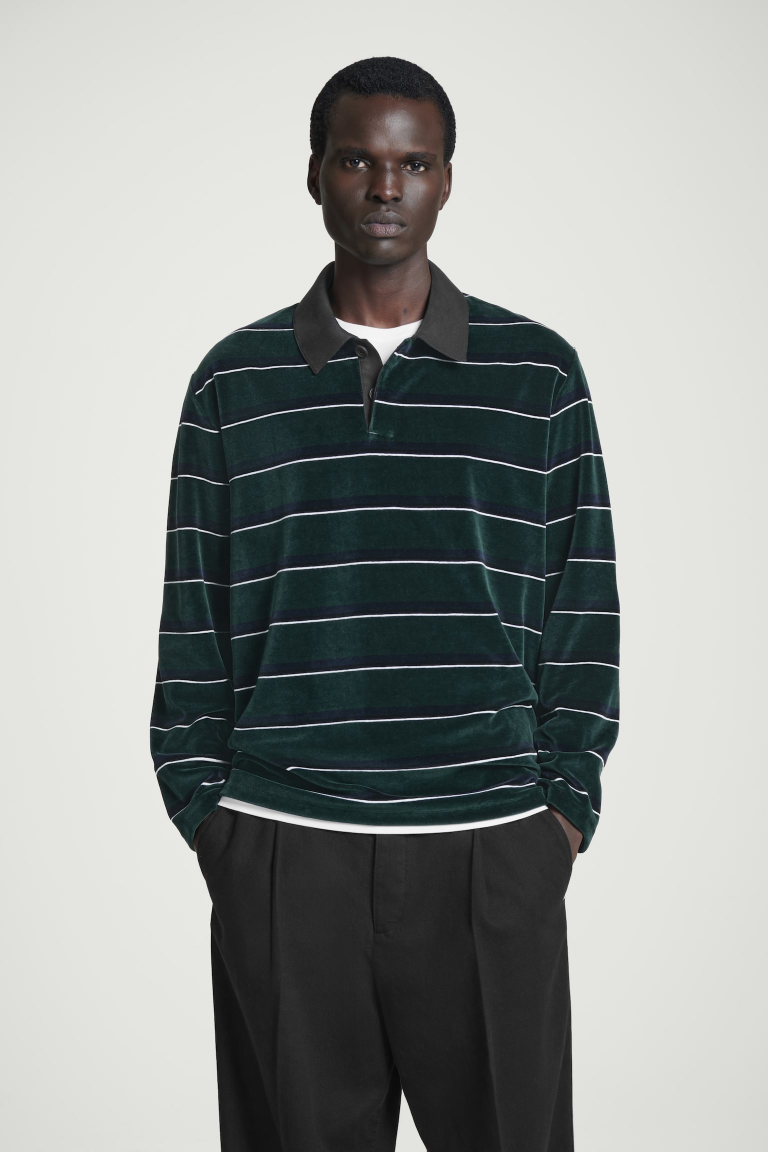 STRIPED VELVET LONG-SLEEVED POLO SHIRT - EMERALD / STRIPED