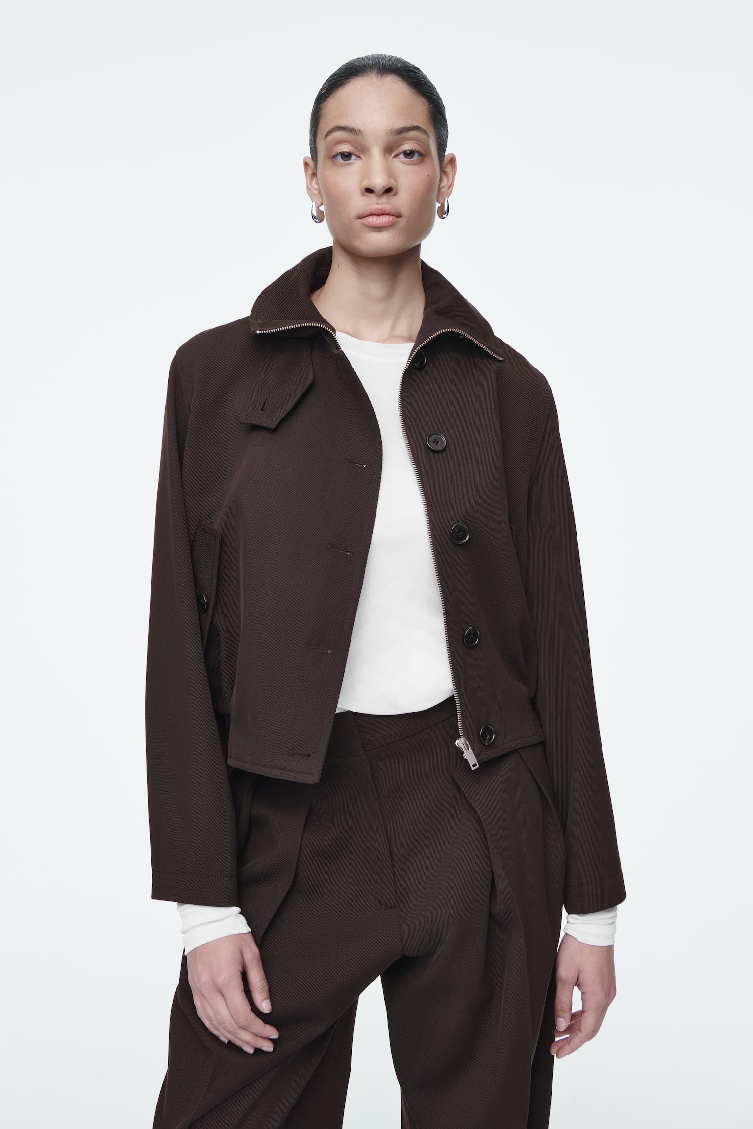 OVERSIZED FUNNEL-NECK WOOL-BLEND JACKET - DARK BROWN - 1