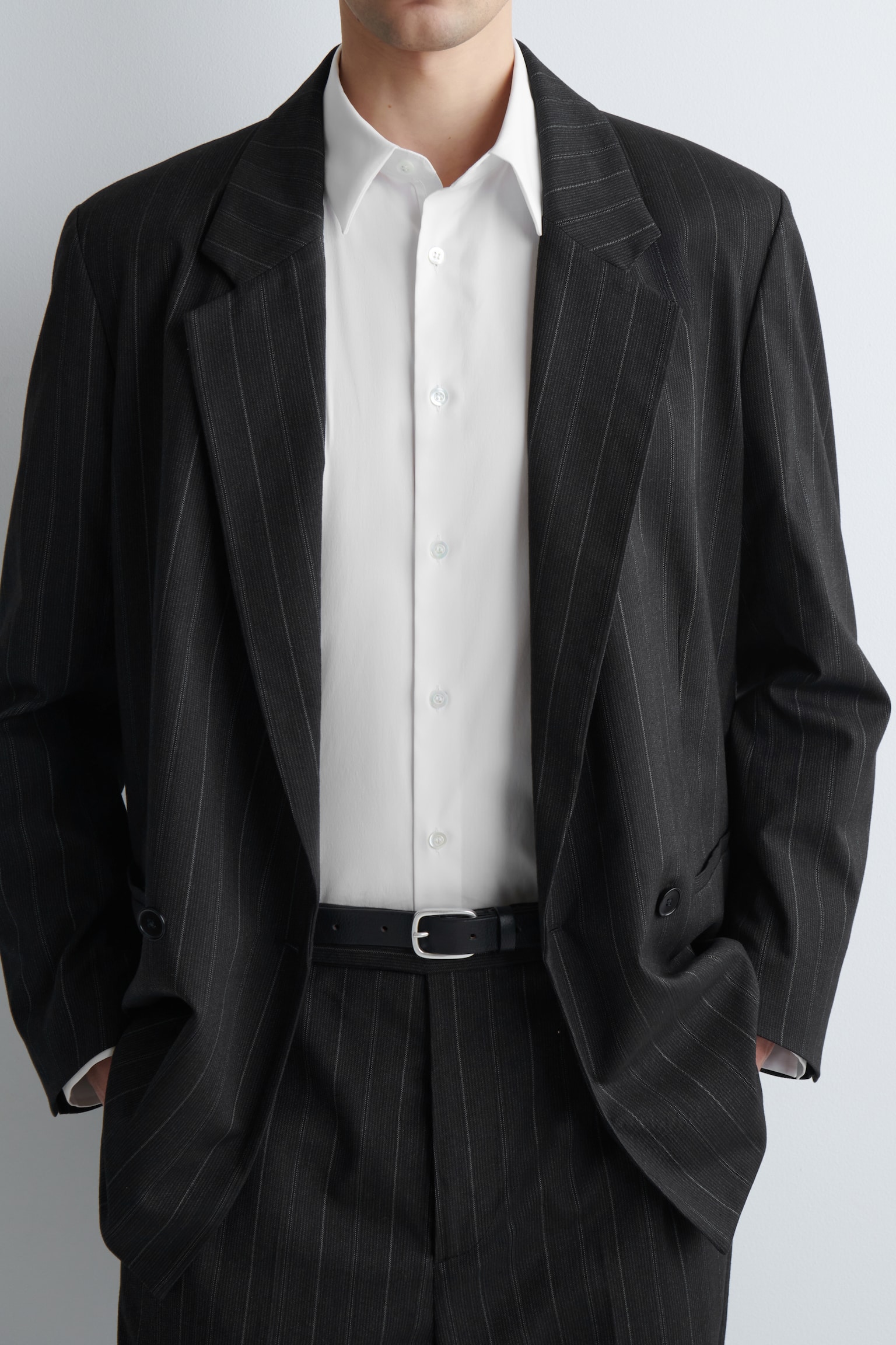 CAMICIA IN POPELINE DI COTONE DAL TAGLIO SLIM - BIANCO/BLU NAVY / GESSATO - 5