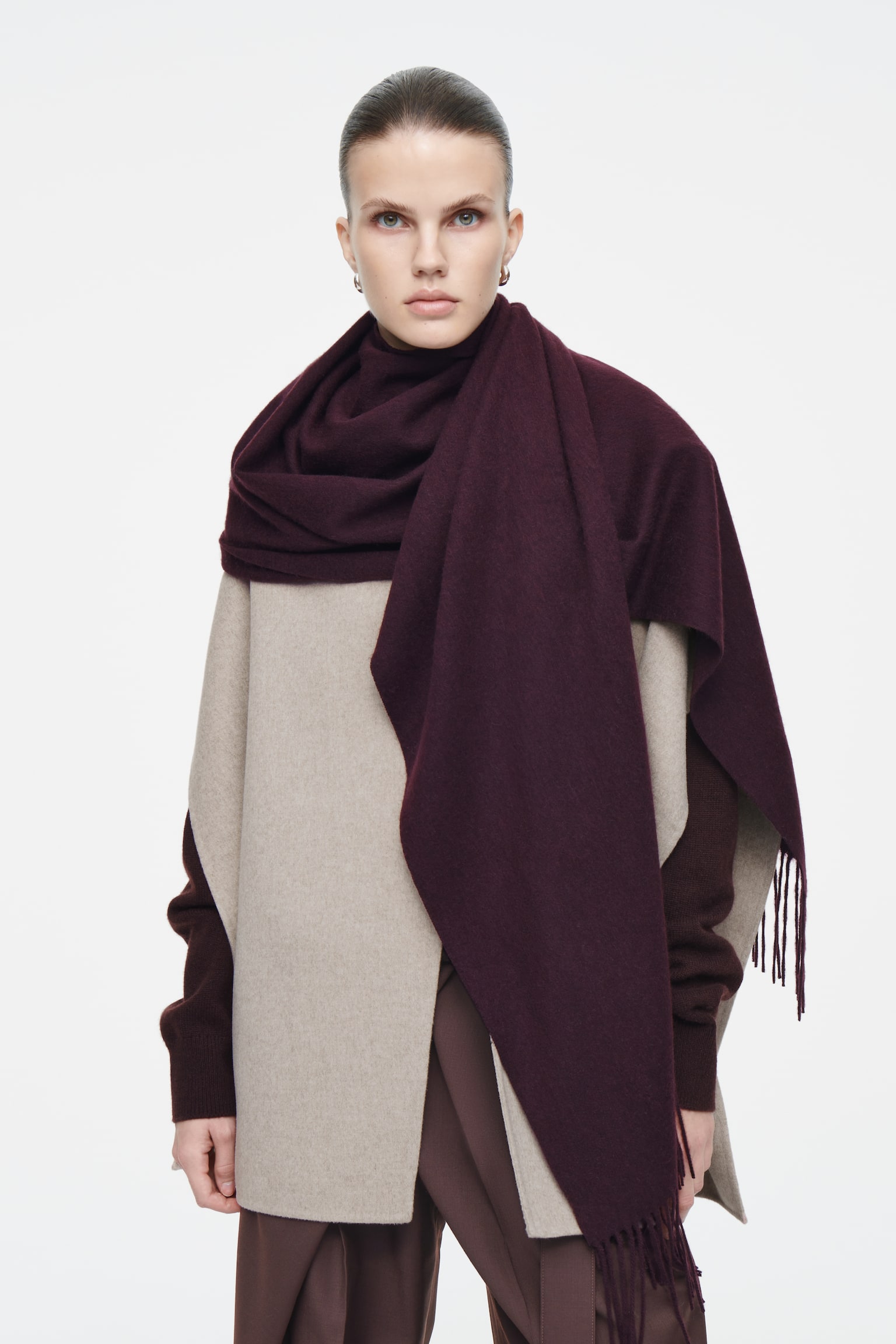 FRINGED WOOL SCARF - BORDEAUX/GREY - 1