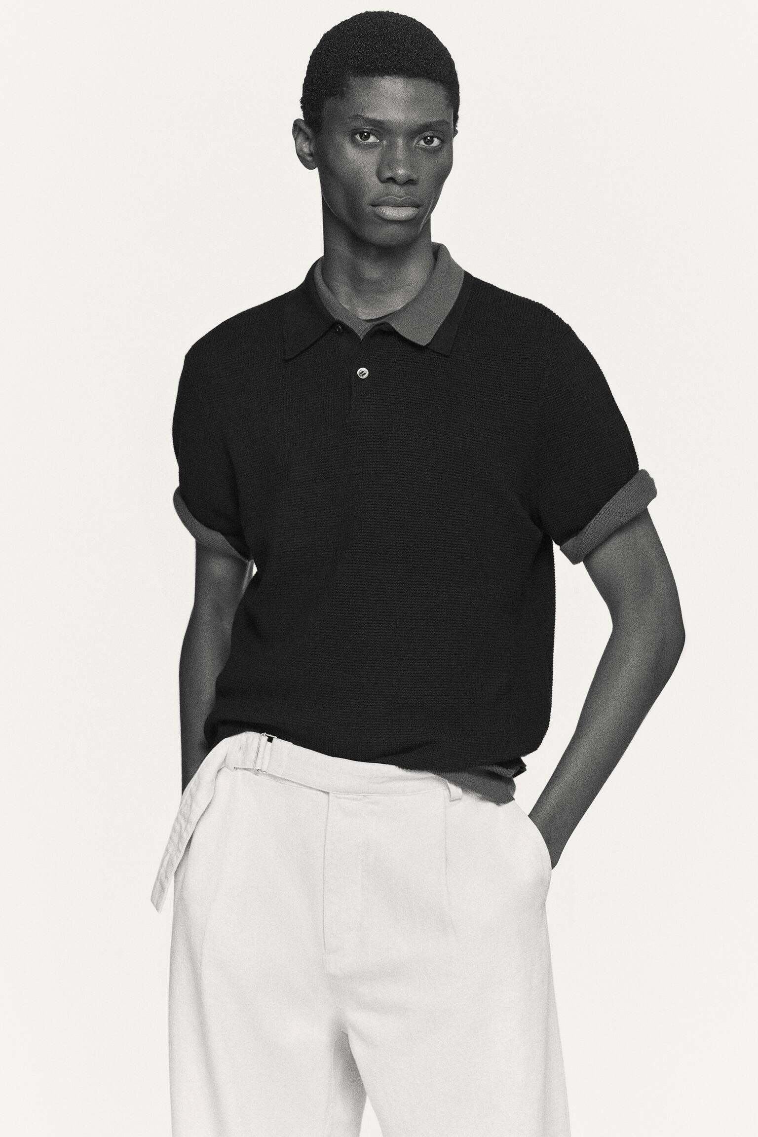 WAFFLE-KNIT COTTON POLO SHIRT - BLACK/DARK BEIGE - 9