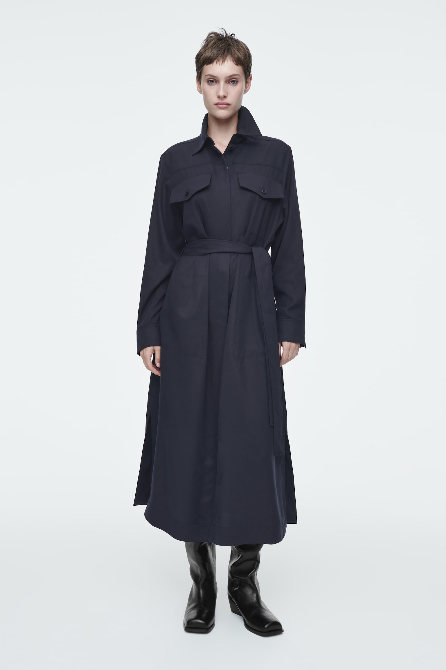 BELTED MIDI SHIRT DRESS - NAVY - 1