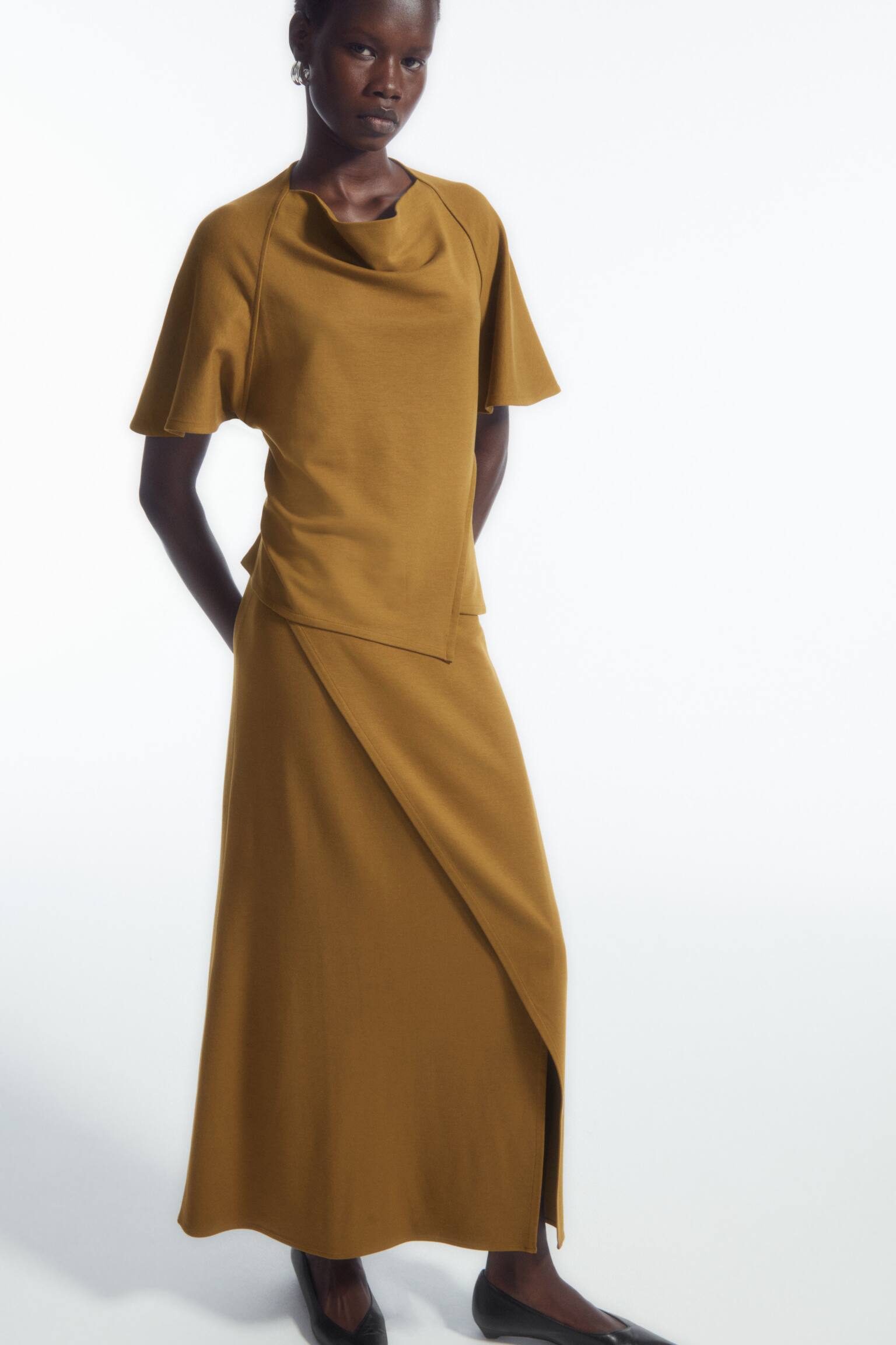 JERSEY WRAP MIDI SKIRT - OCHRE/BLACK - 3