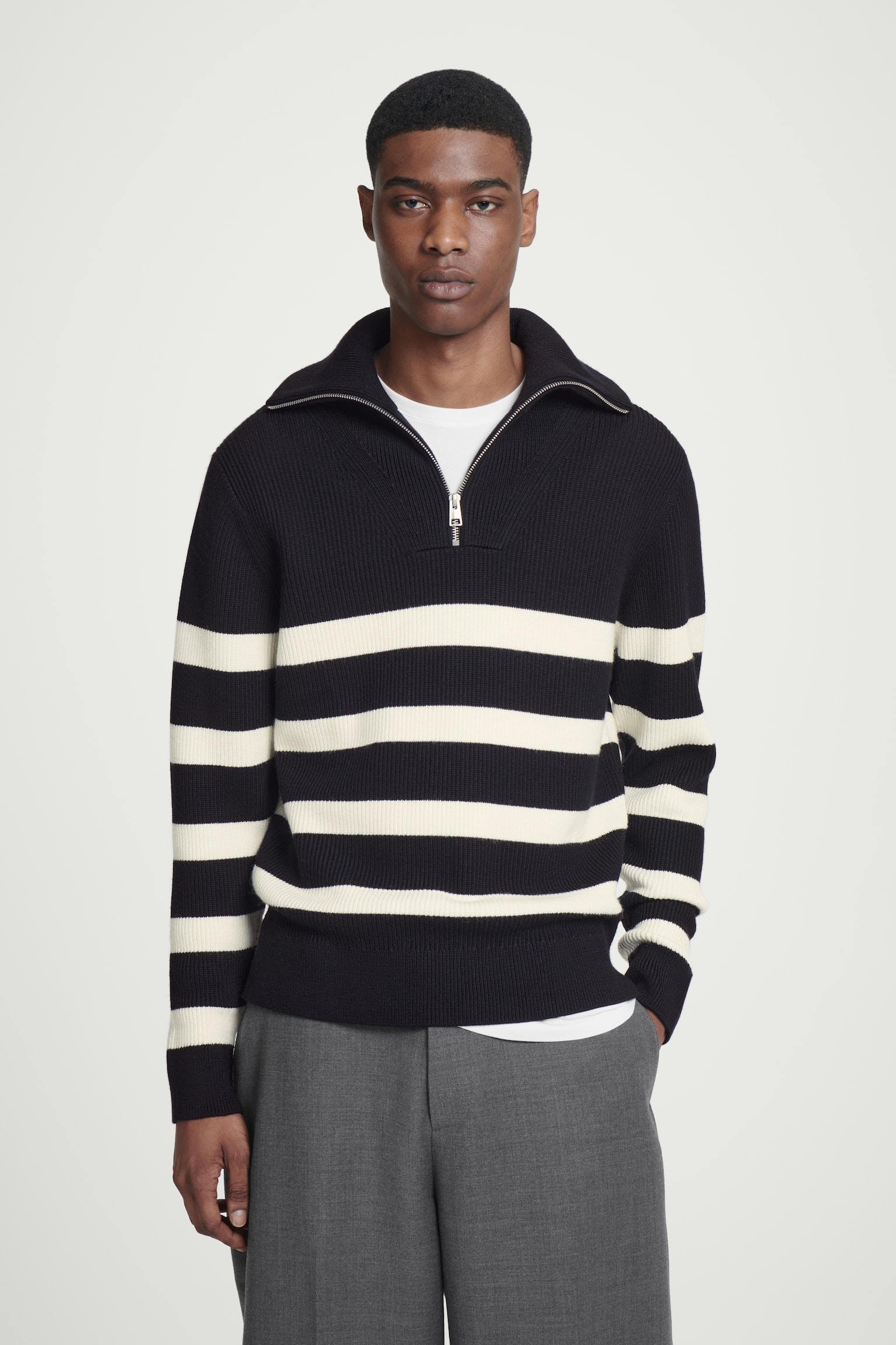 MERINO WOOL HALF-ZIP JUMPER - BLACK / CREAM / STRIPED/BEIGE/DARK GREY