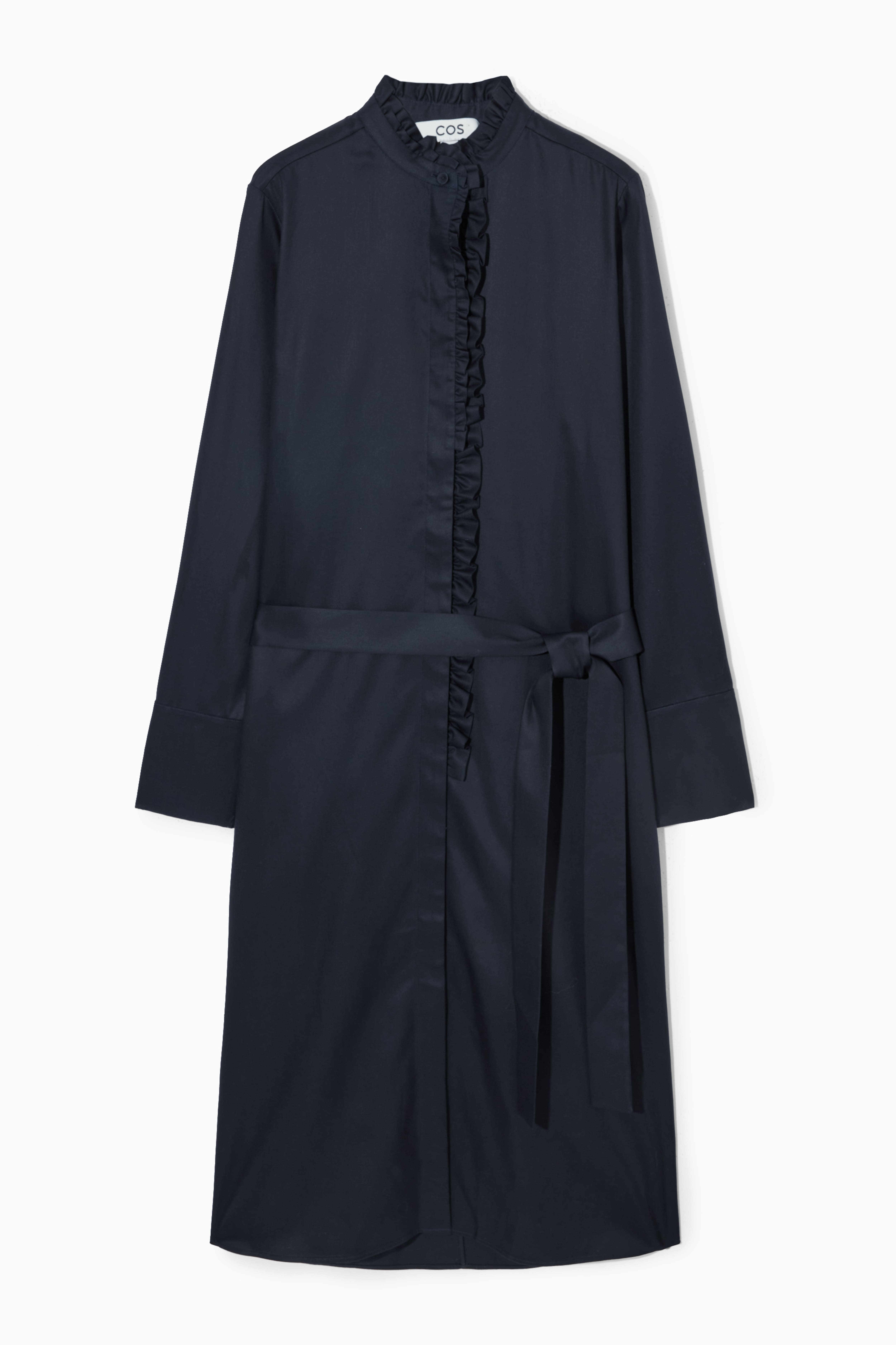 BELTED RUFFLED MIDI SHIRT DRESS Langt erme Midi DARK NAVY DAME H M NO