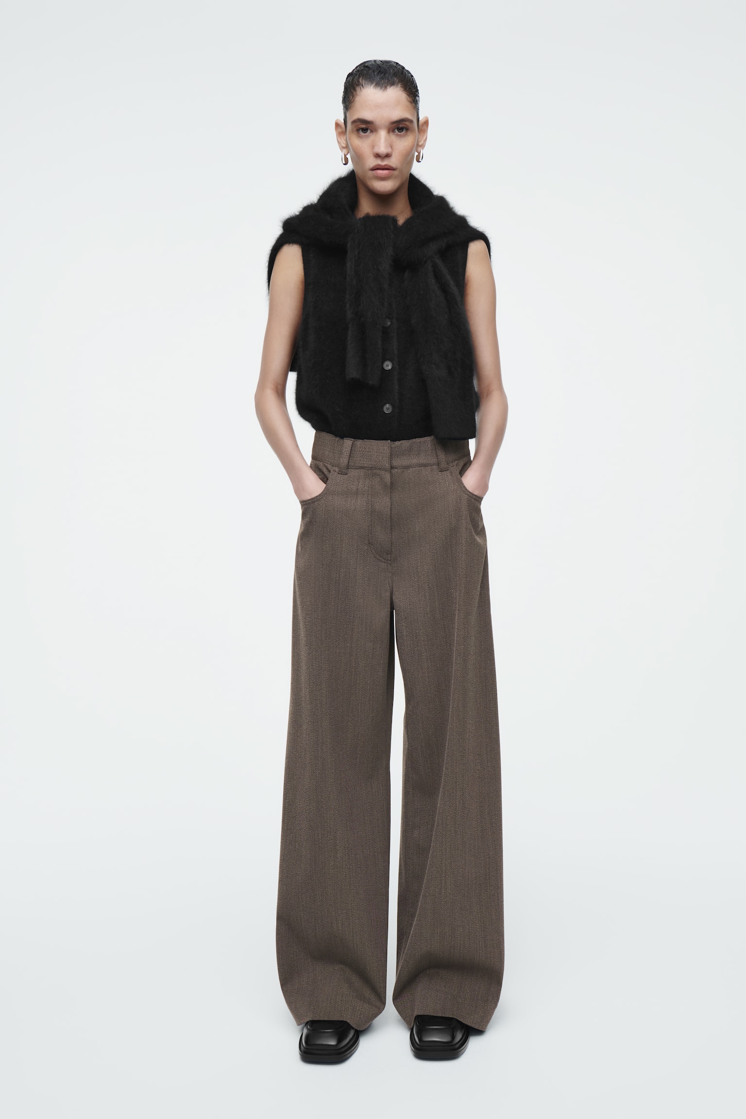 REGULAR WOOL-BLEND WIDE-LEG TROUSERS - BROWN - 1