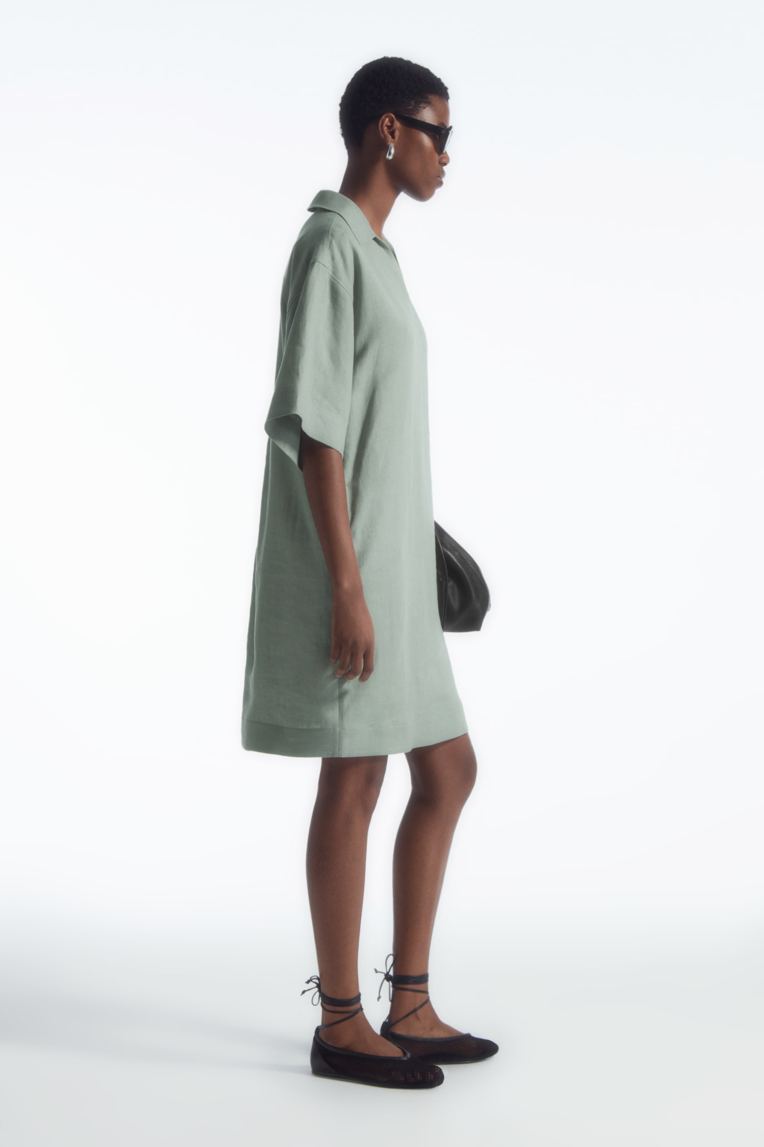 OPEN-COLLAR LINEN SHIRT DRESS - SAGE GREEN/BLACK - 7