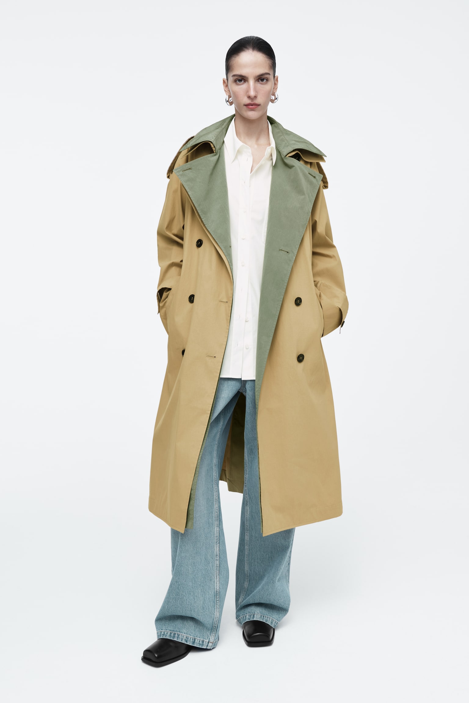 LAYERED DOUBLE-BREASTED TRENCH COAT - BEIGE / KHAKI - 9