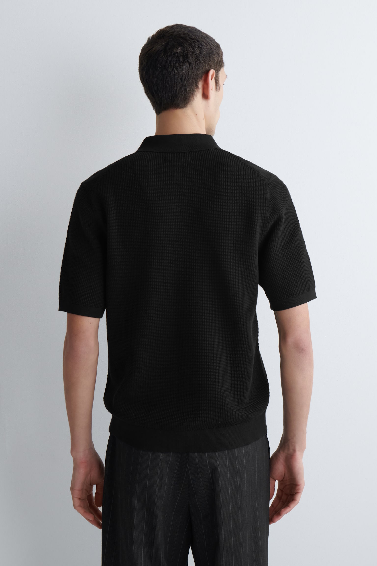 WAFFLE-KNIT COTTON POLO SHIRT - BLACK/DARK BEIGE - 5