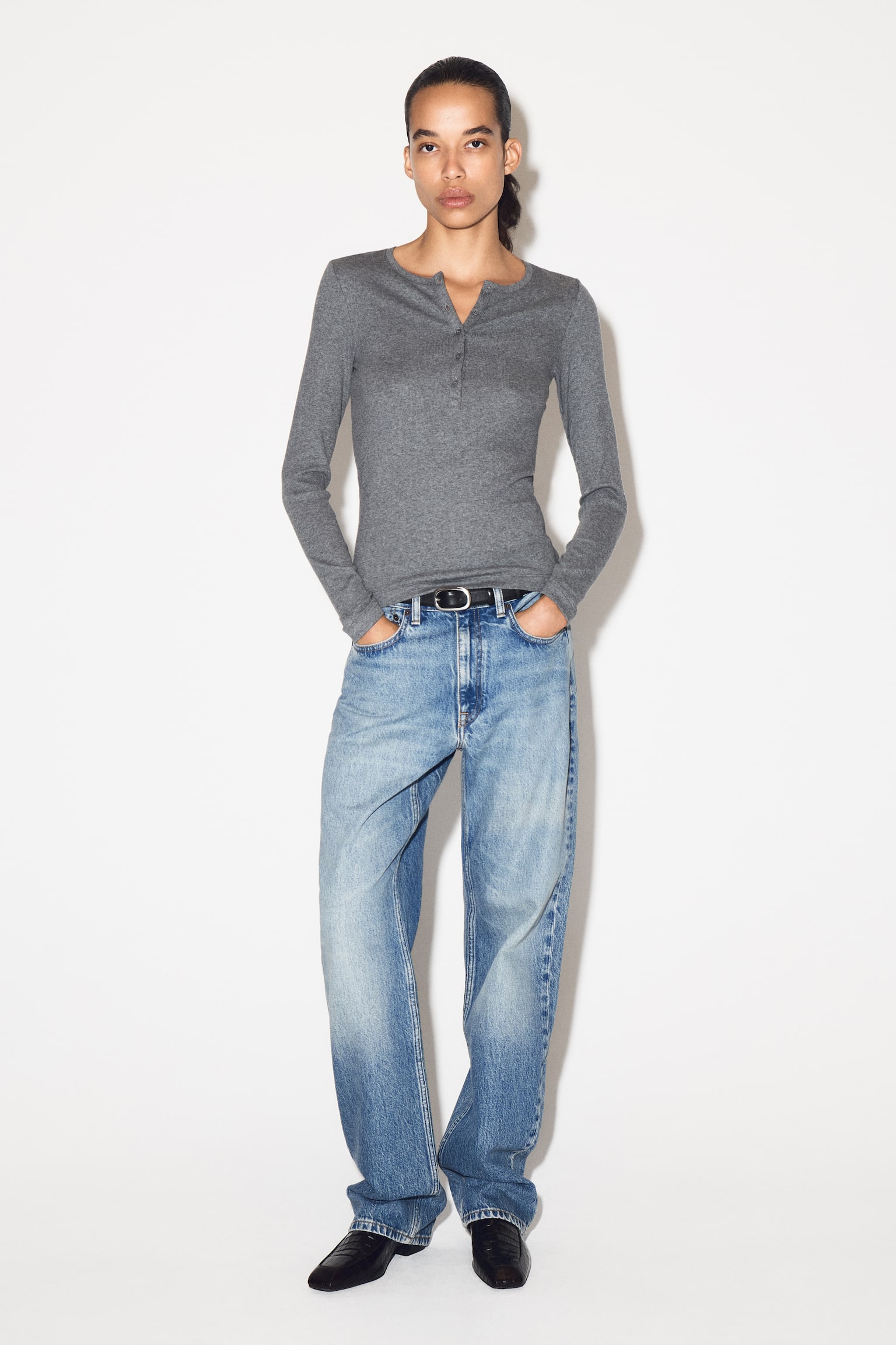 LANGÄRMLIGES HENLEY-OBERTEIL - GRAU MELIERT/SCHWARZ - 6