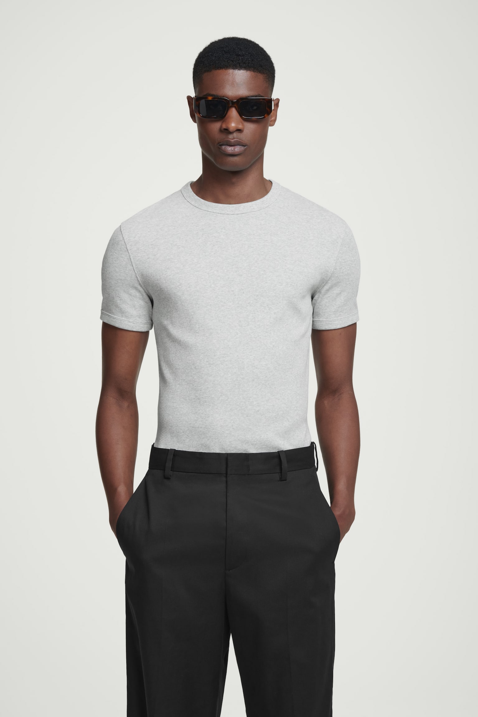 SLIM RIBBED COTTON T-SHIRT - LIGHT GREY/BLACK/WHITE - 1