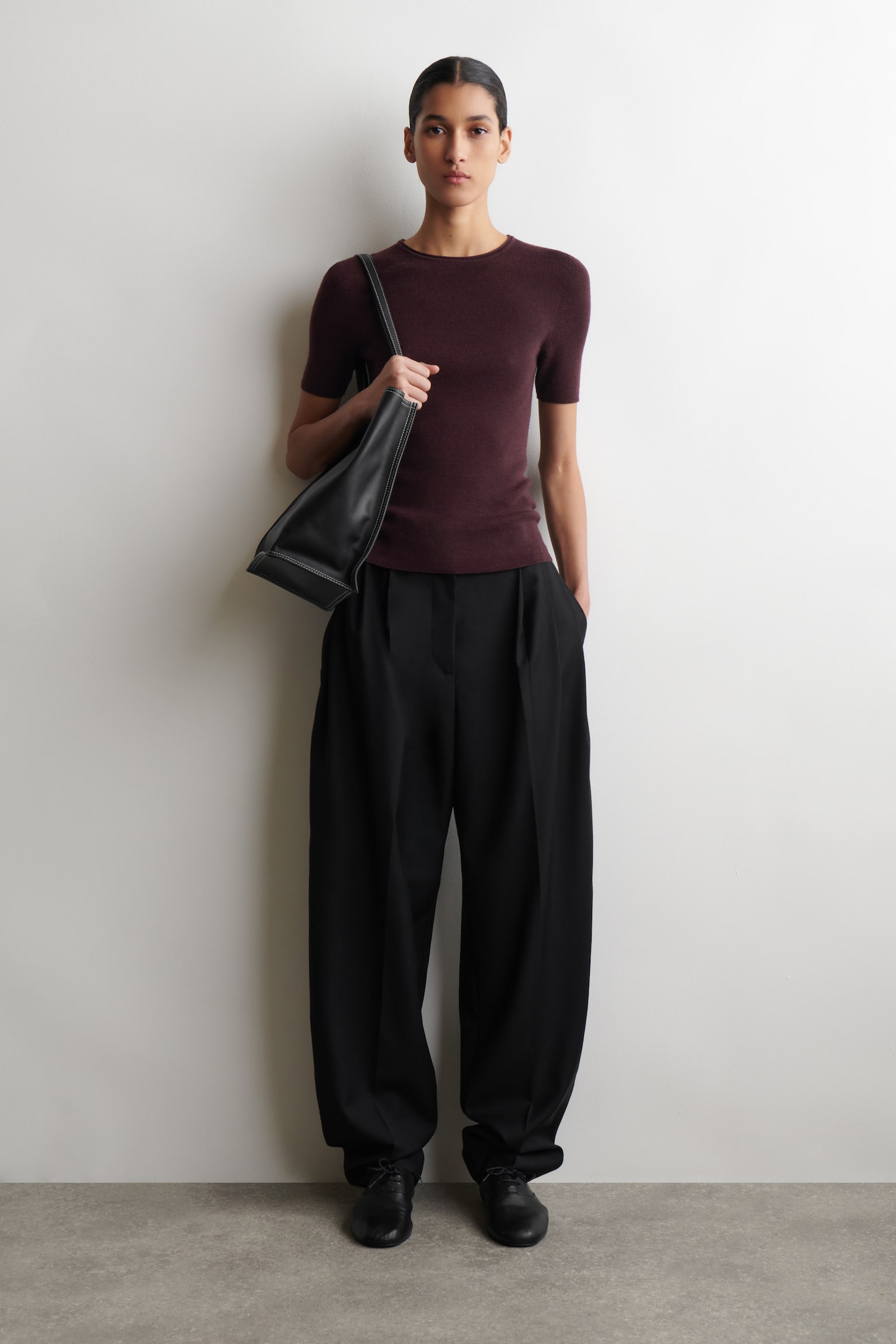 SEAMLESS MERINO WOOL T-SHIRT - BURGUNDY MÉLANGE/BEIGE MÉLANGE/CHARCOAL MÉLANGE - 3