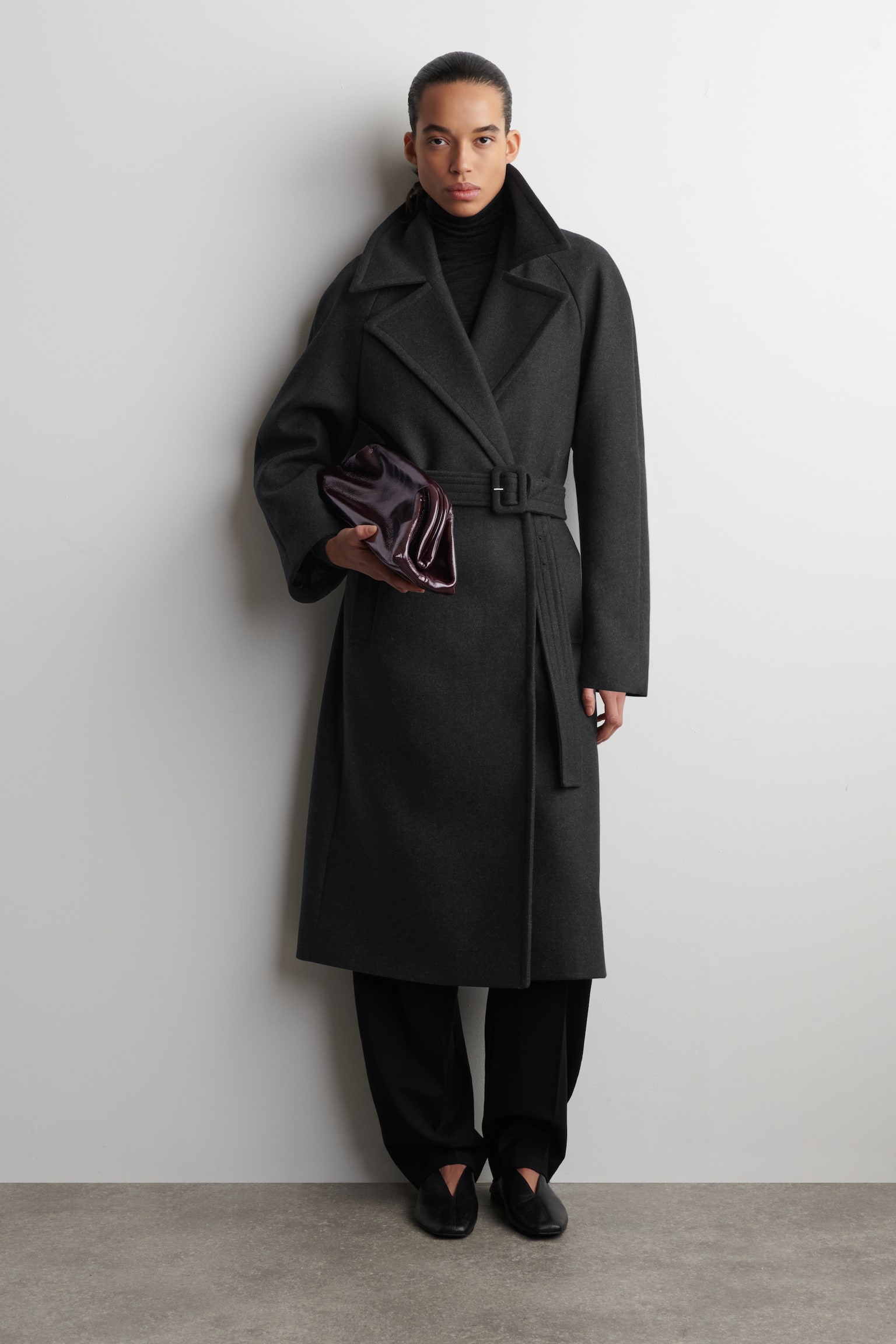 TAILORED BELTED WOOL-TWILL COAT - CHARCOAL - 1