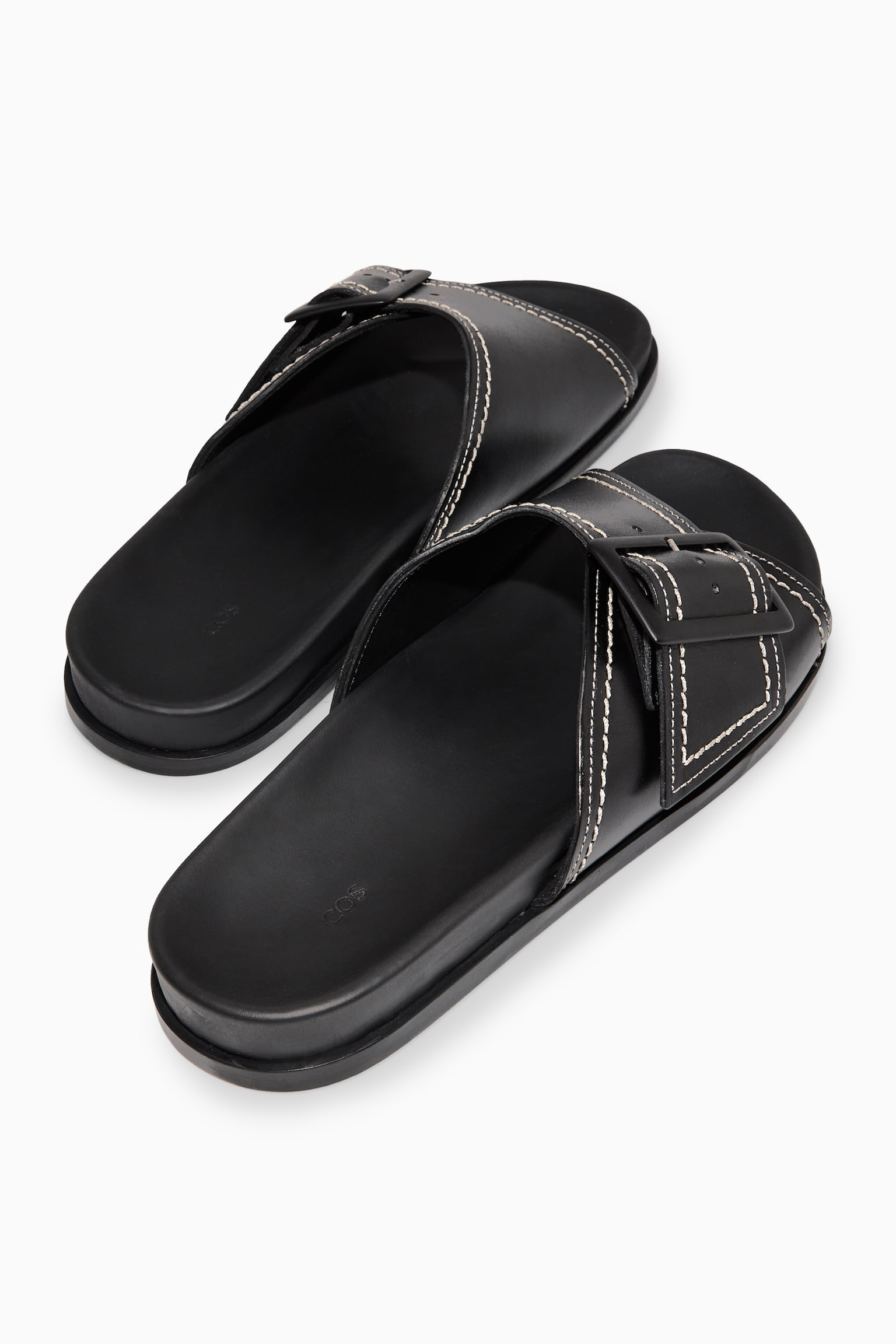 CONTRAST-STITCH BUCKLED LEATHER SLIDES - BLACK / WHITE/BROWN - 4